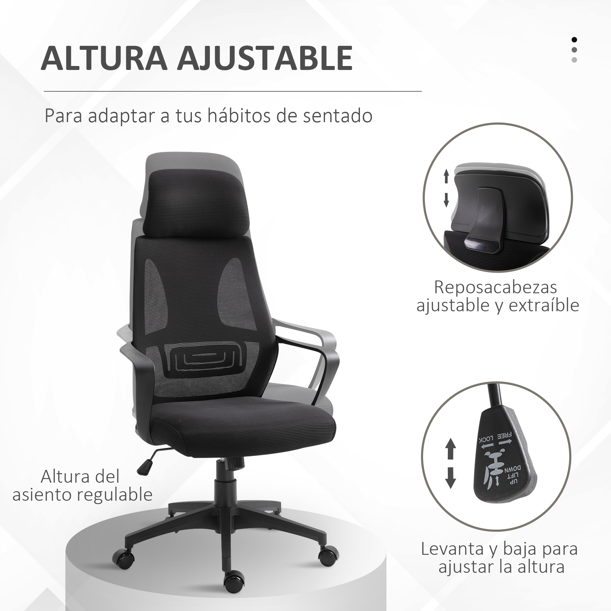 Silla de oficina negra con altura y reposacabezas ajustables, con texto en español.