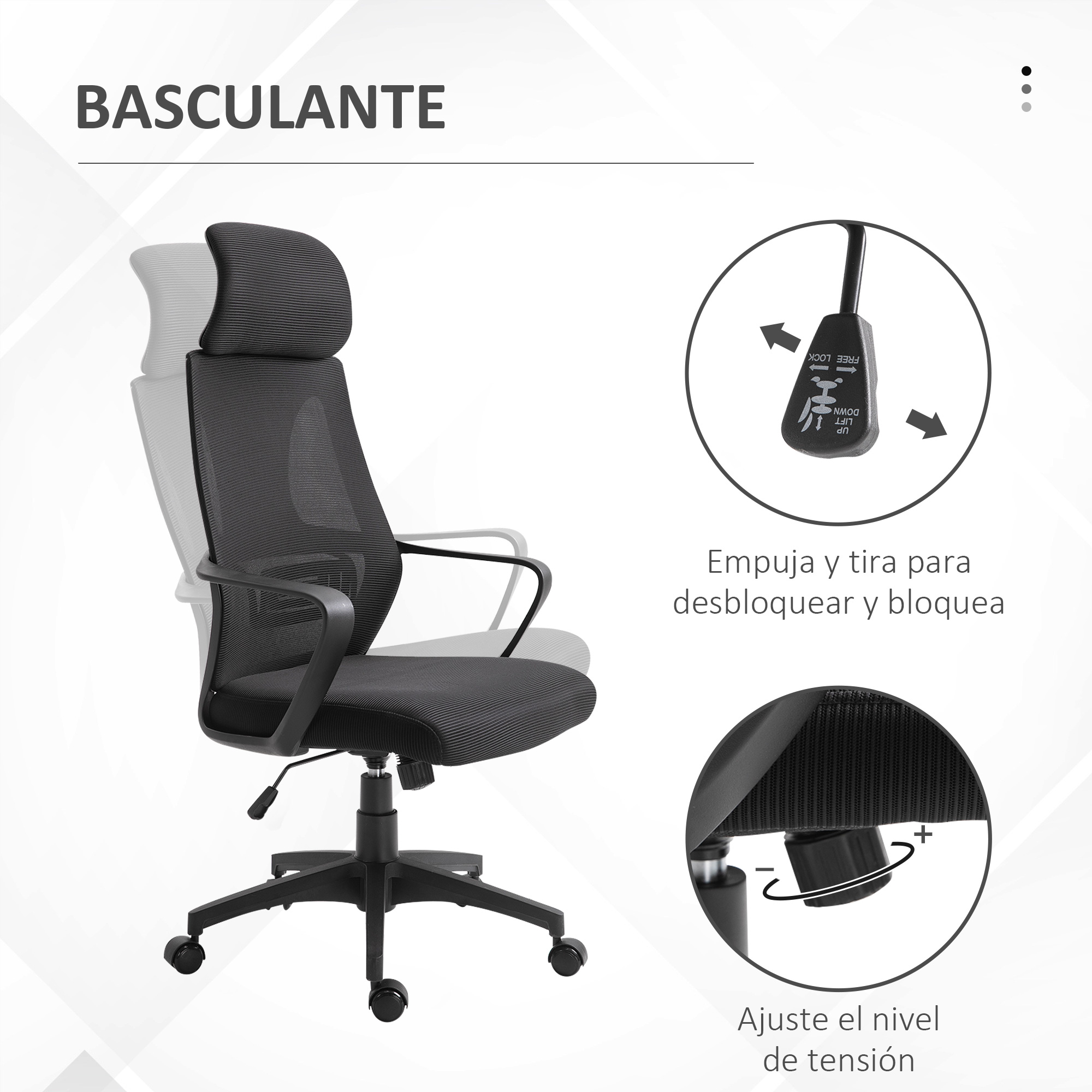 Silla de oficina negra con respaldo de malla y reposacabezas. Detalles de respaldo y ajuste de tensión.