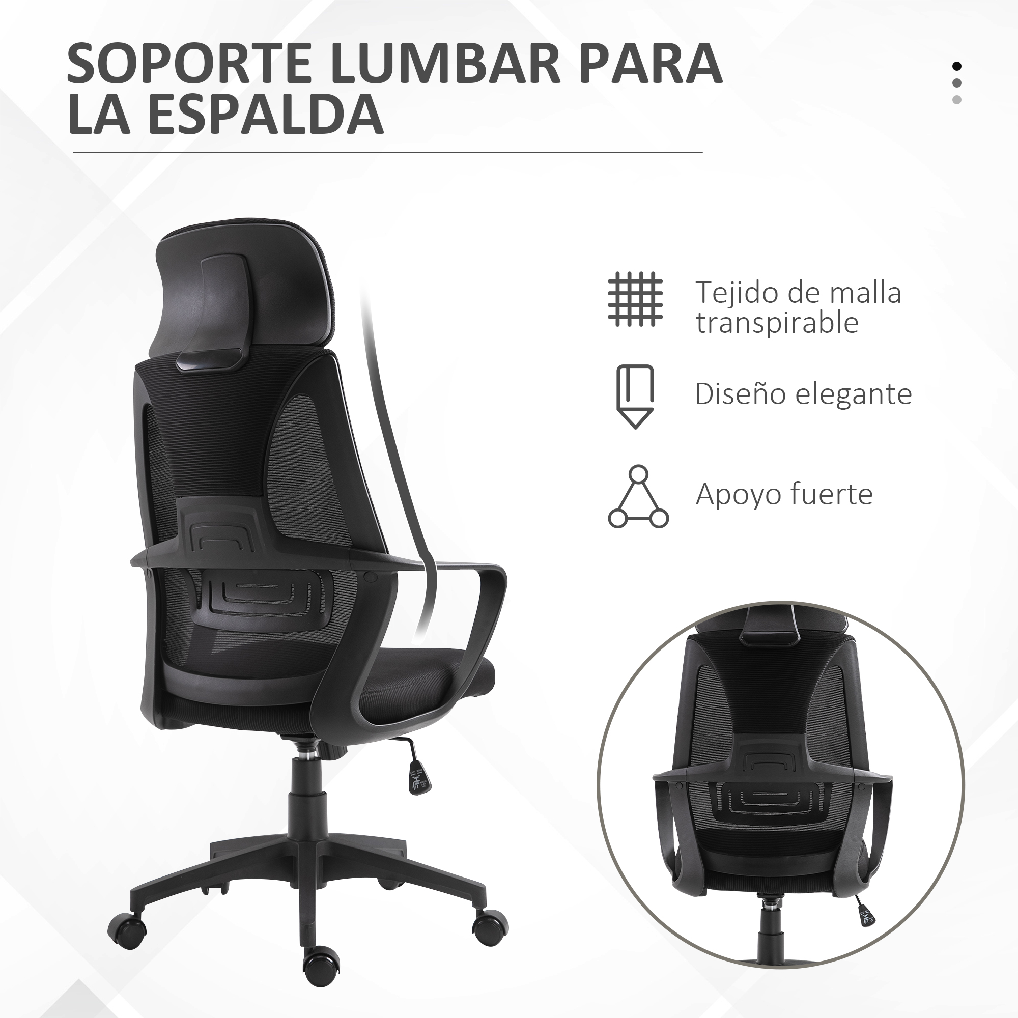 Silla de oficina ergonómica negra con respaldo y reposacabezas de malla, detalles a la derecha.