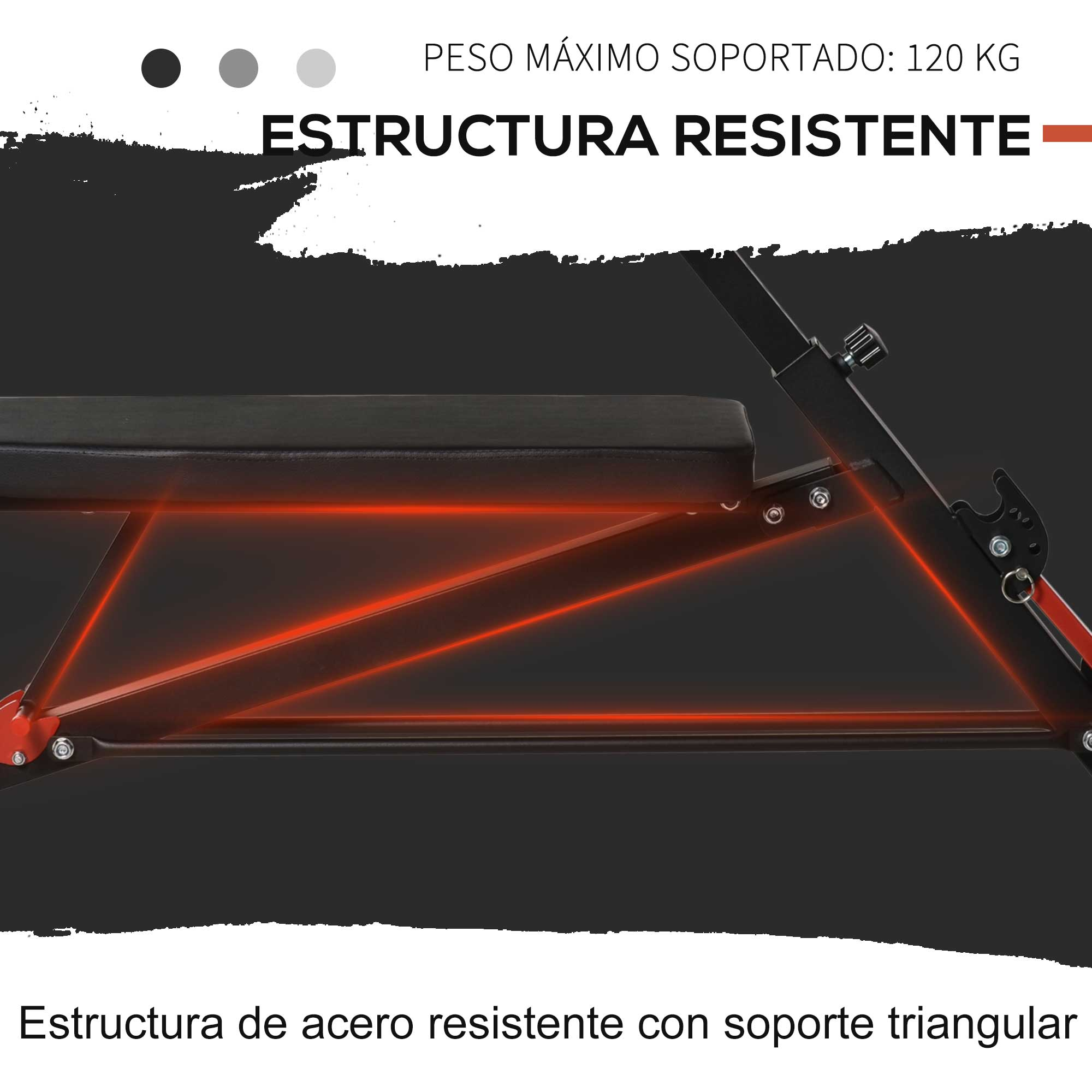 Banco de pesas con marco rojo y negro. El texto muestra una estructura resistente.