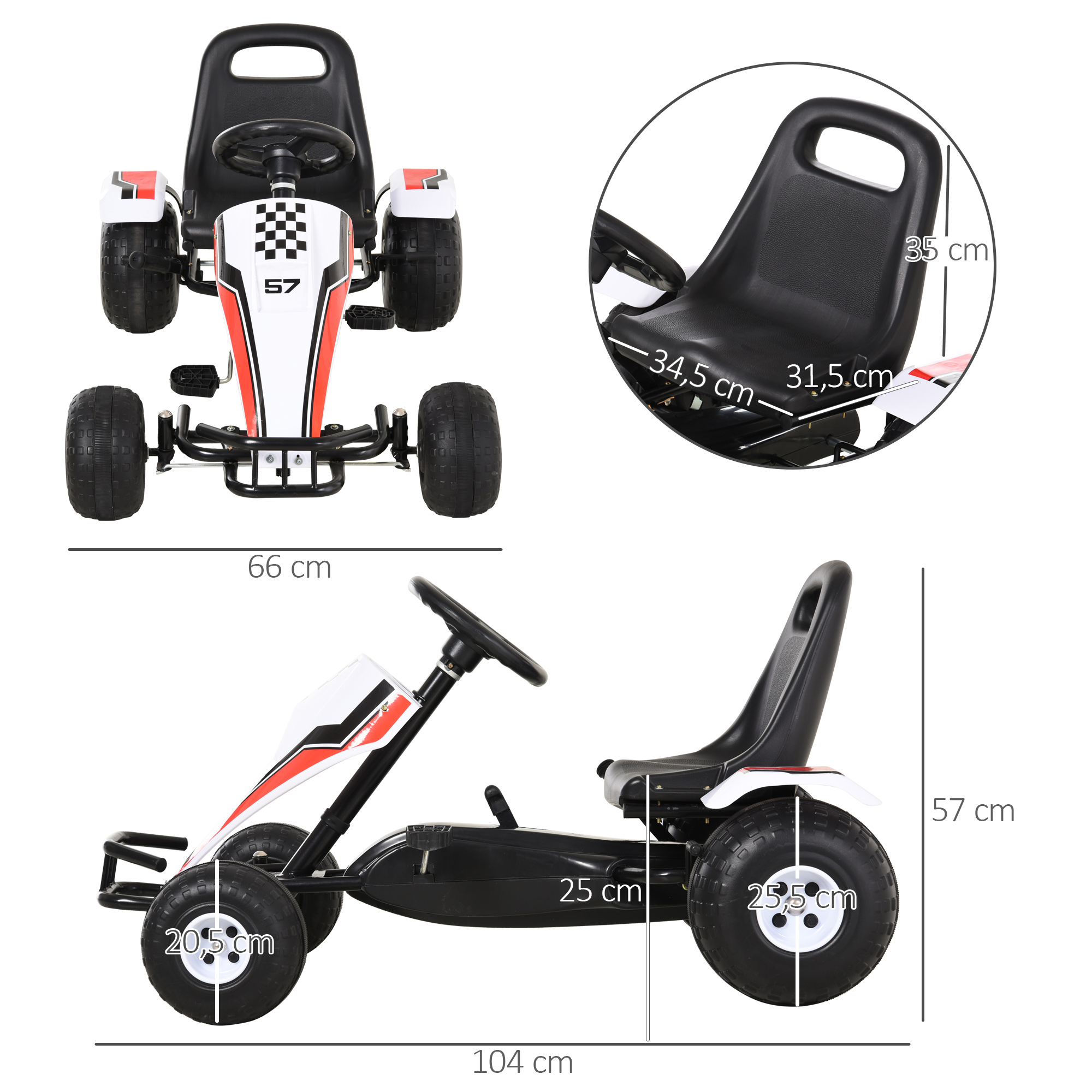 Go-kart rojo y blanco con dimensiones. Características: asiento, dirección, ruedas y pedales.