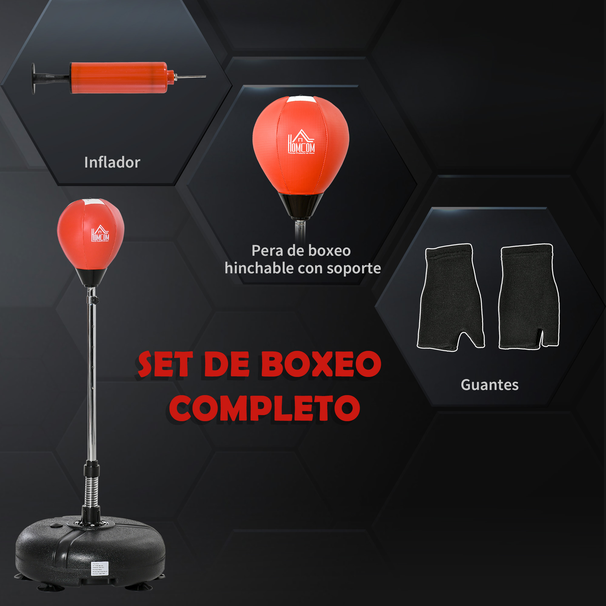 Set de boxeo. Incluye saco hinchable, guantes y bomba. Colores negro y rojo.