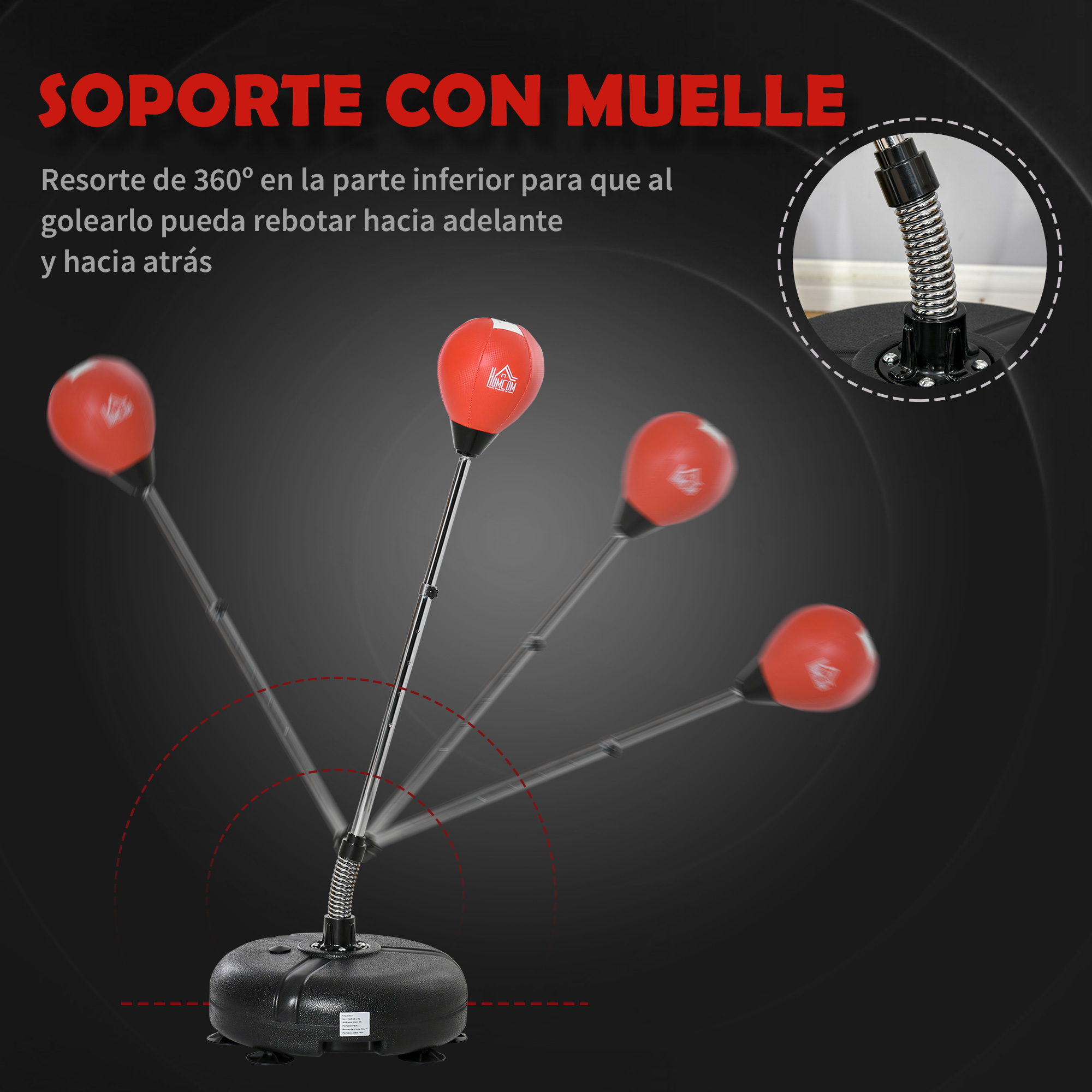 Saco de boxeo rojo con base de resorte, mostrando un rango de movimiento al ser golpeado.