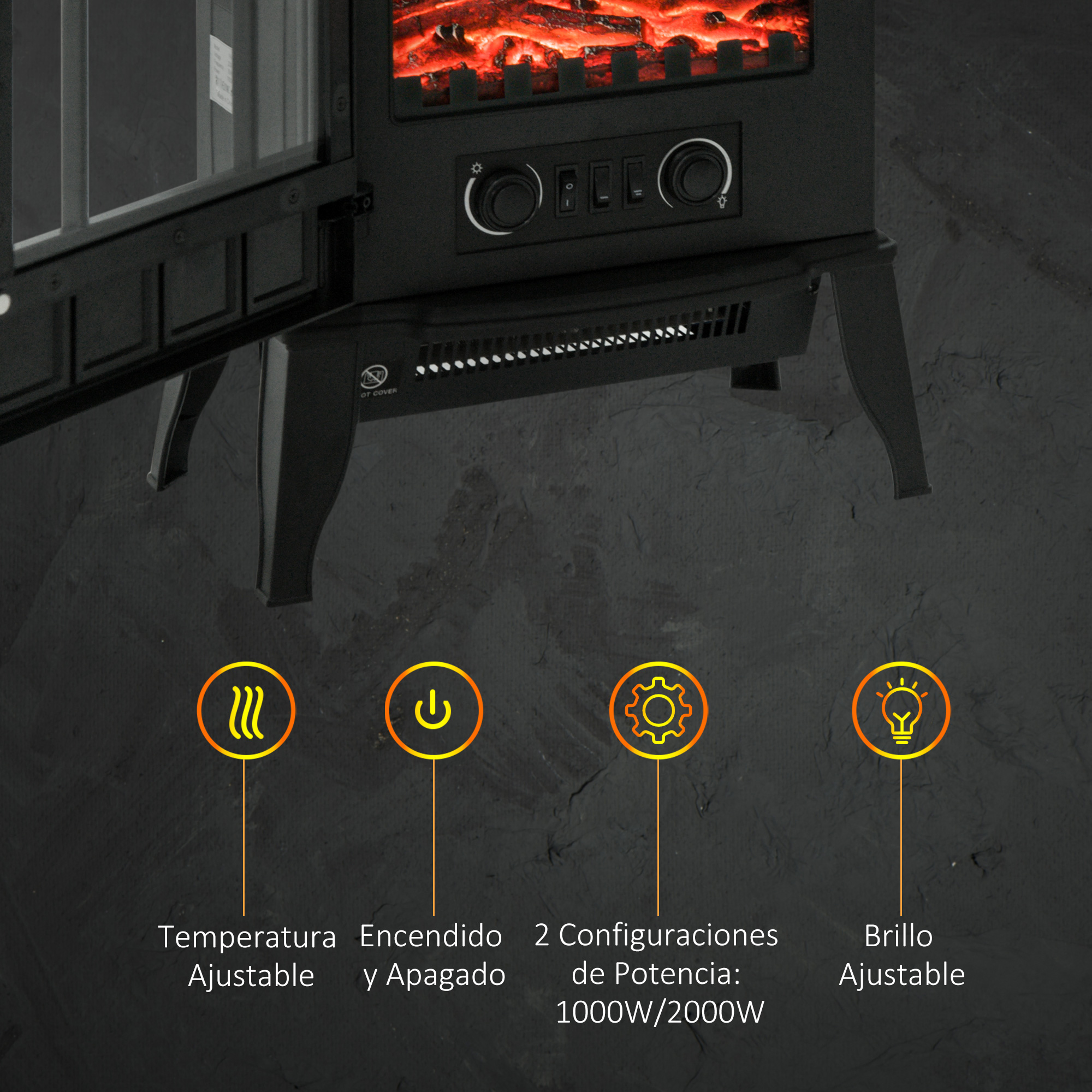 Chimenea con controles. Ajustes de temperatura, potencia y brillo, sobre fondo negro.