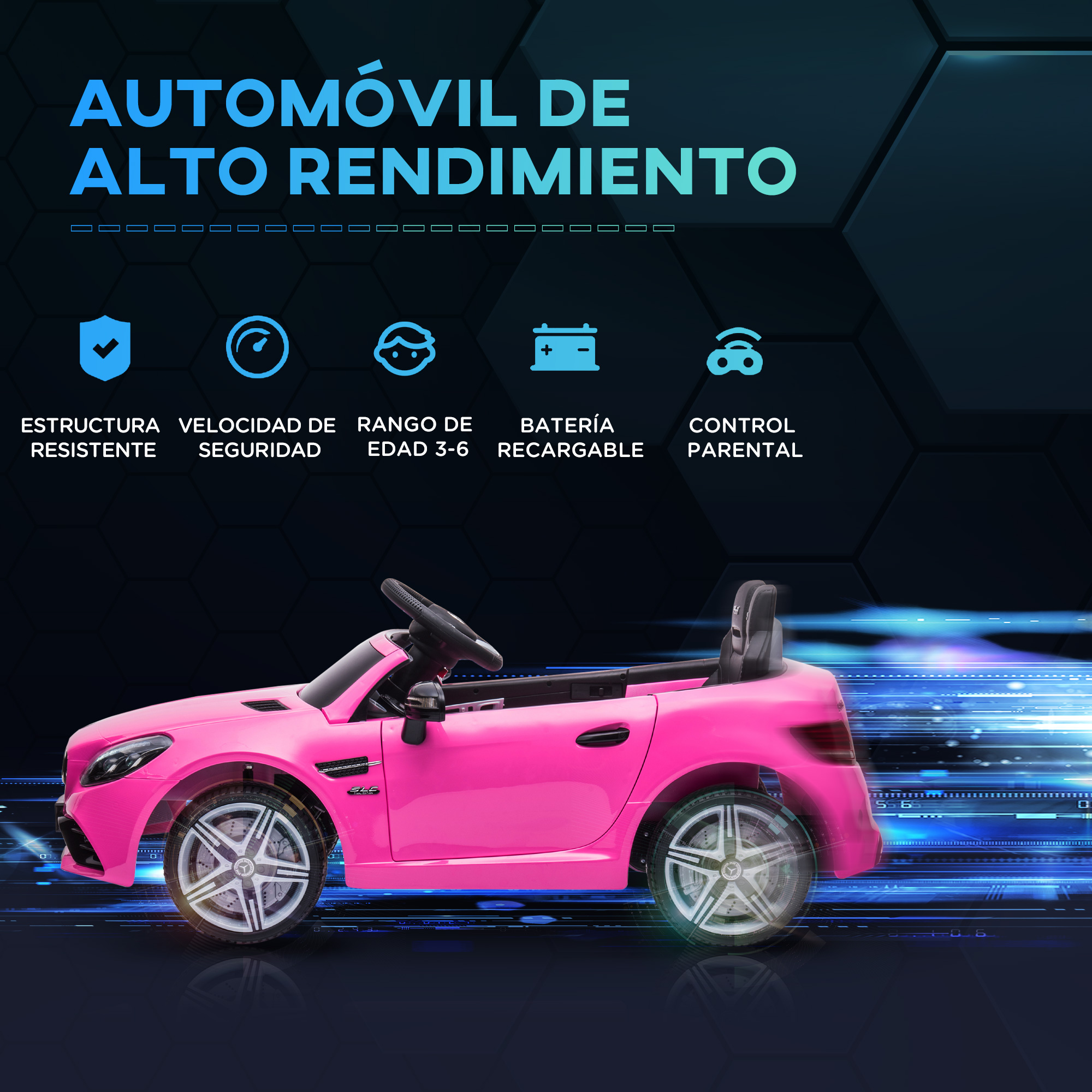 Coche de juguete rosa con texto 'AUTOMÓVIL DE ALTO RENDIMIENTO' e iconos sobre fondo azul.