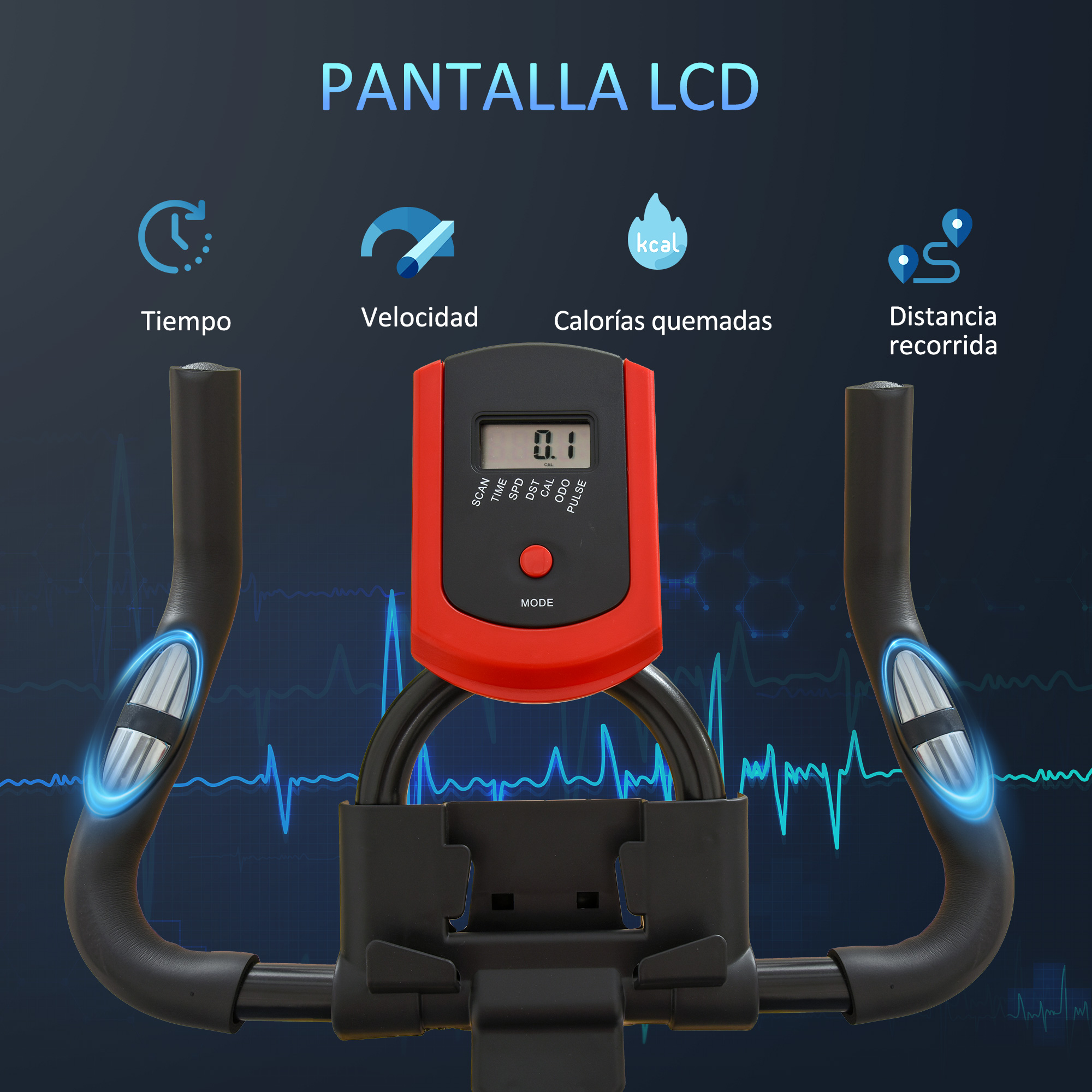 Primer plano de la pantalla LCD de una bicicleta estática, mostrando tiempo, velocidad, calorías y distancia. Fondo azul.
