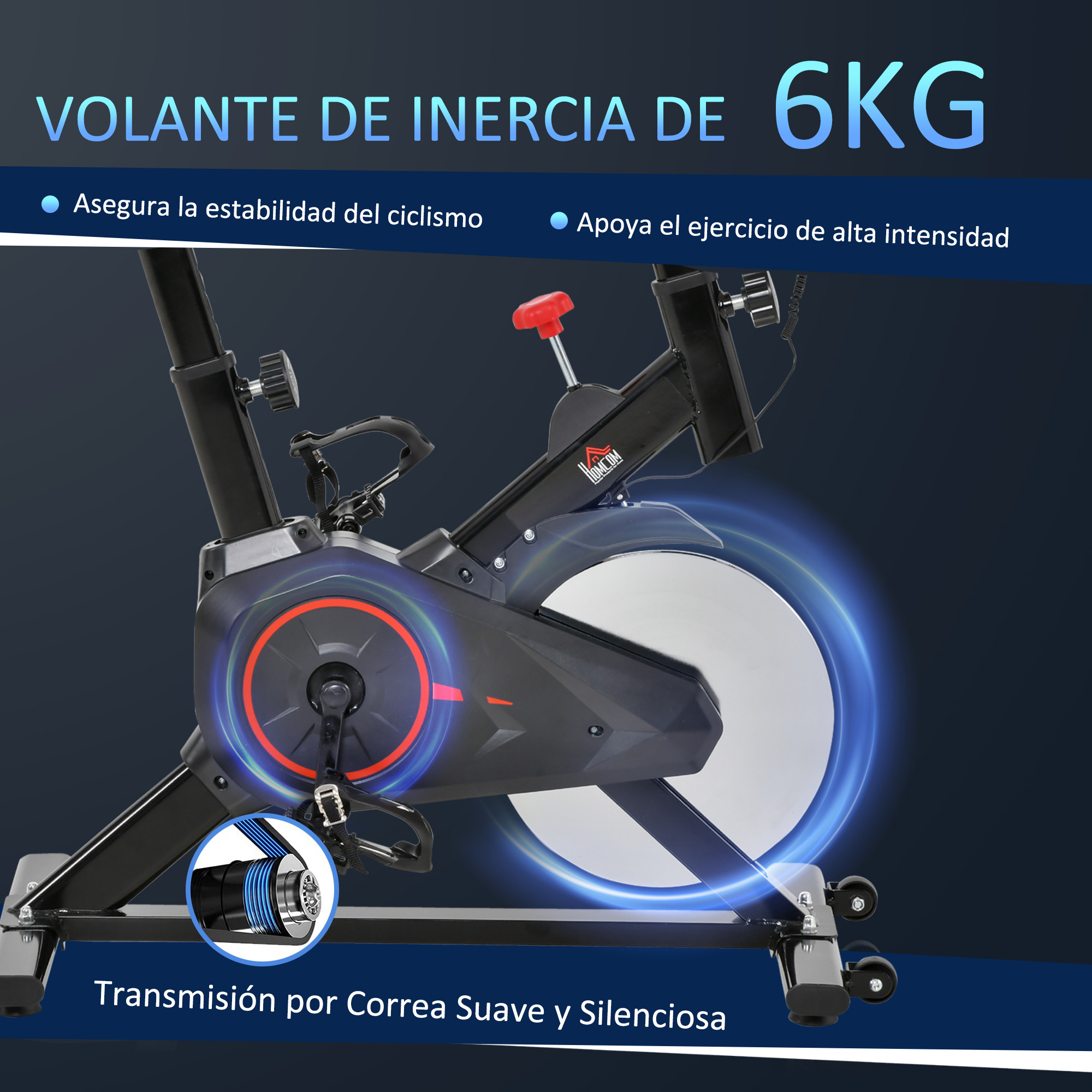 Bicicleta estática con volante de inercia. La bicicleta es negra y azul con detalles en rojo y texto.