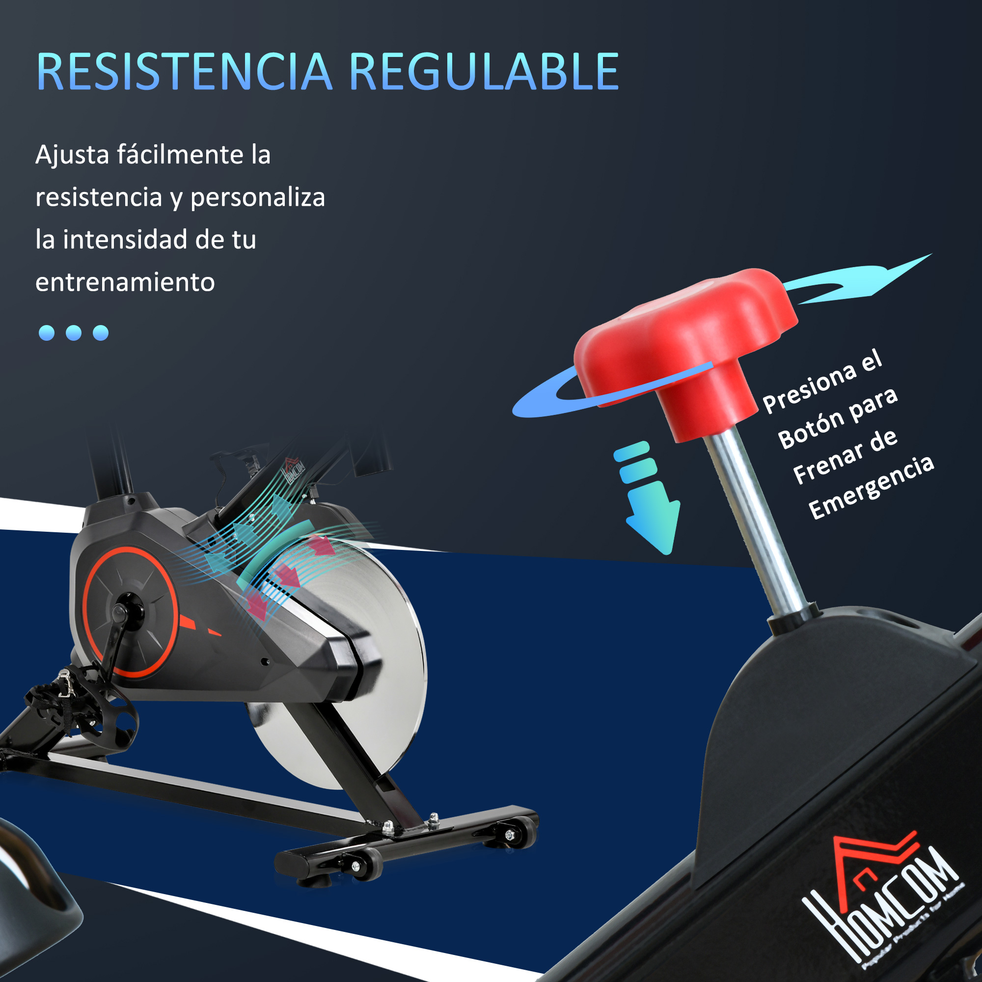 Bicicleta estática con perilla roja. Texto describe resistencia ajustable y freno de emergencia.