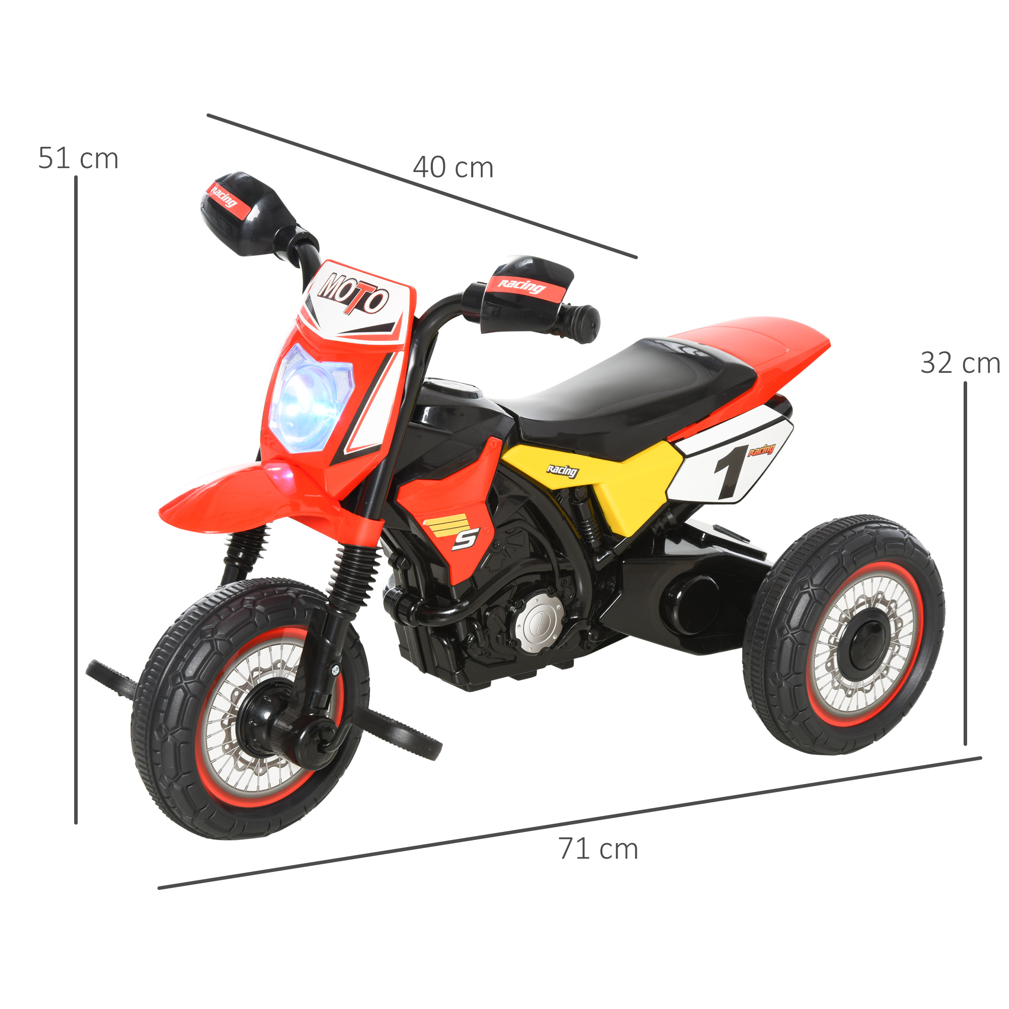Una moto giocattolo rossa, gialla e nera con dimensioni. Ha una luce anteriore rossa e la scritta "MOTO".
