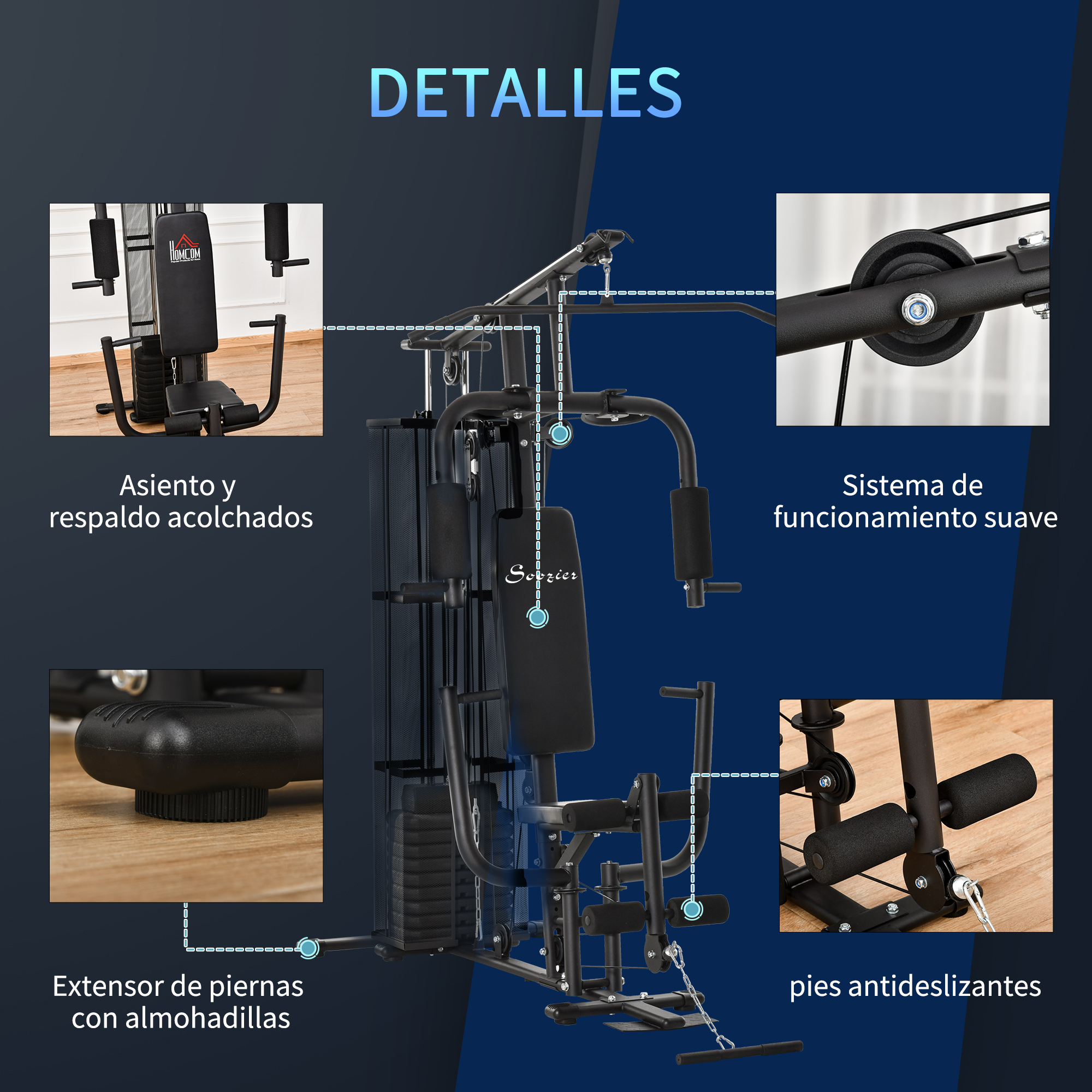 Detalles de una máquina de gimnasio en casa con asiento acolchado, extensión de piernas y pies antideslizantes.