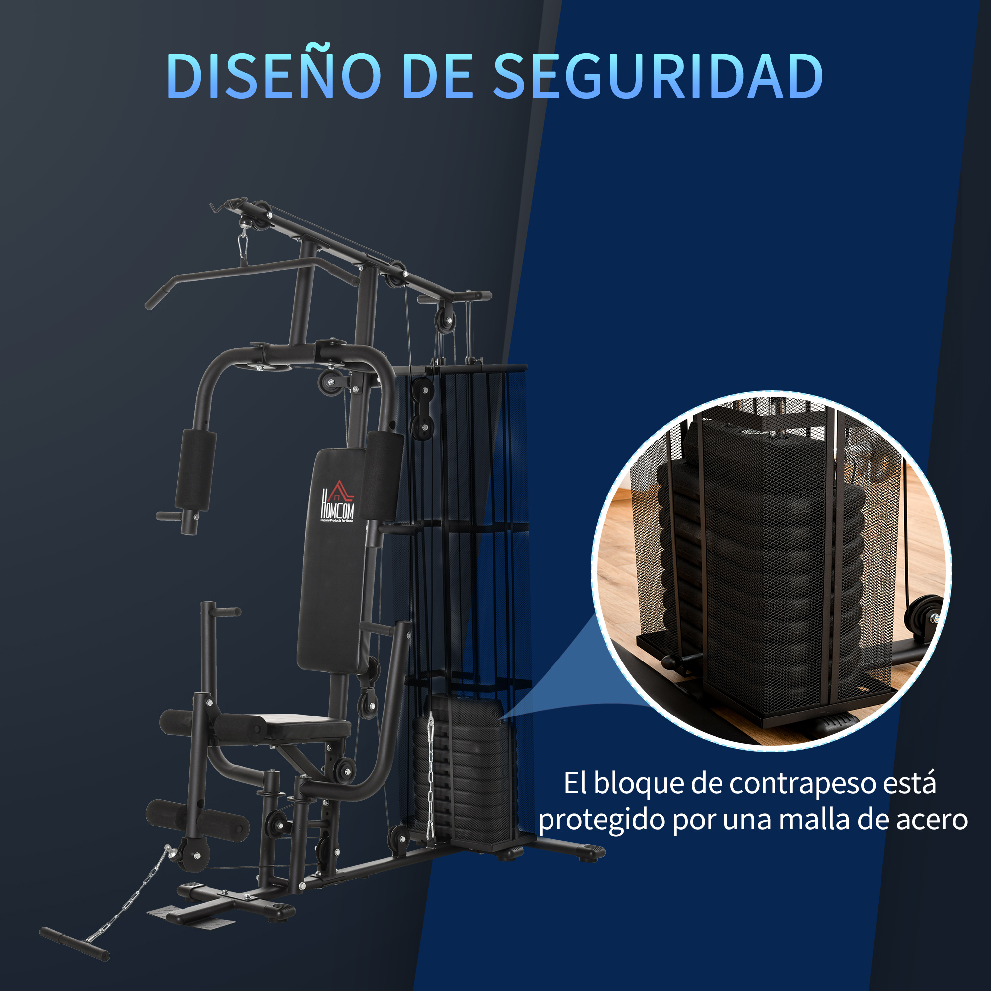 Gimnasio doméstico negro y plateado con bloque de pesas protegido por malla de acero, fondo azul degradado.