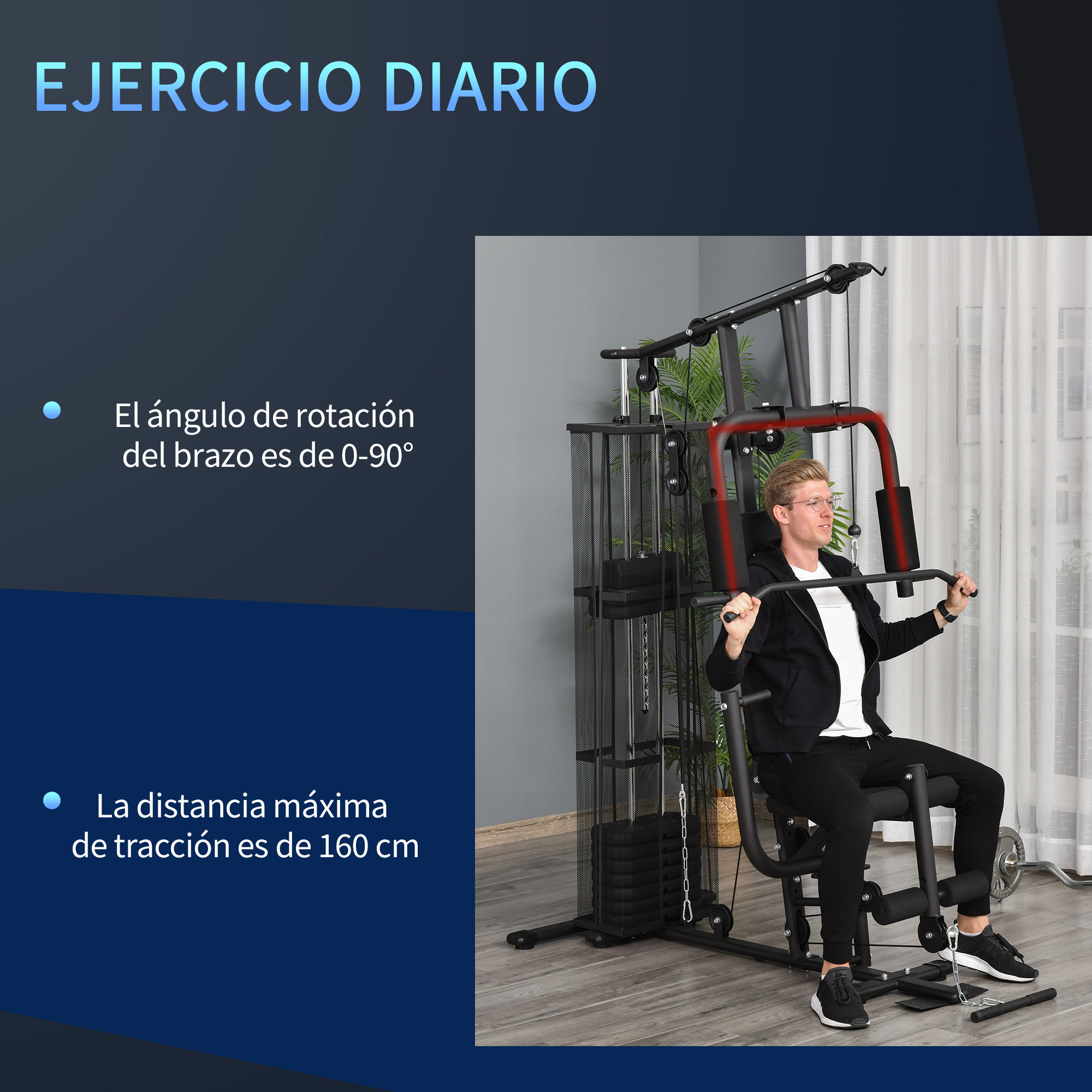 Un hombre hace ejercicio en una máquina de gimnasio en casa. Texto en español a la izquierda describe el ejercicio.