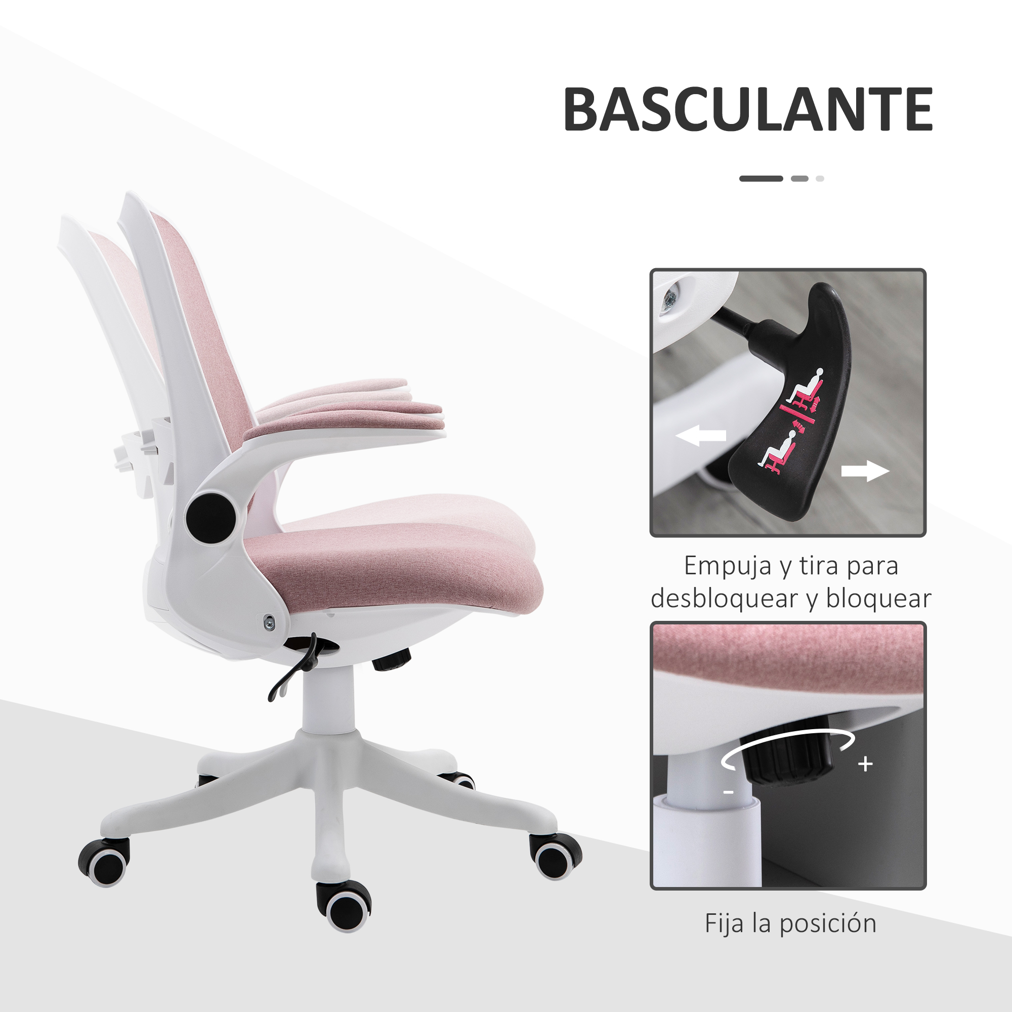 Una silla de oficina rosa y blanca con respaldo ajustable. Las instrucciones muestran cómo desbloquear y fijar la posición.