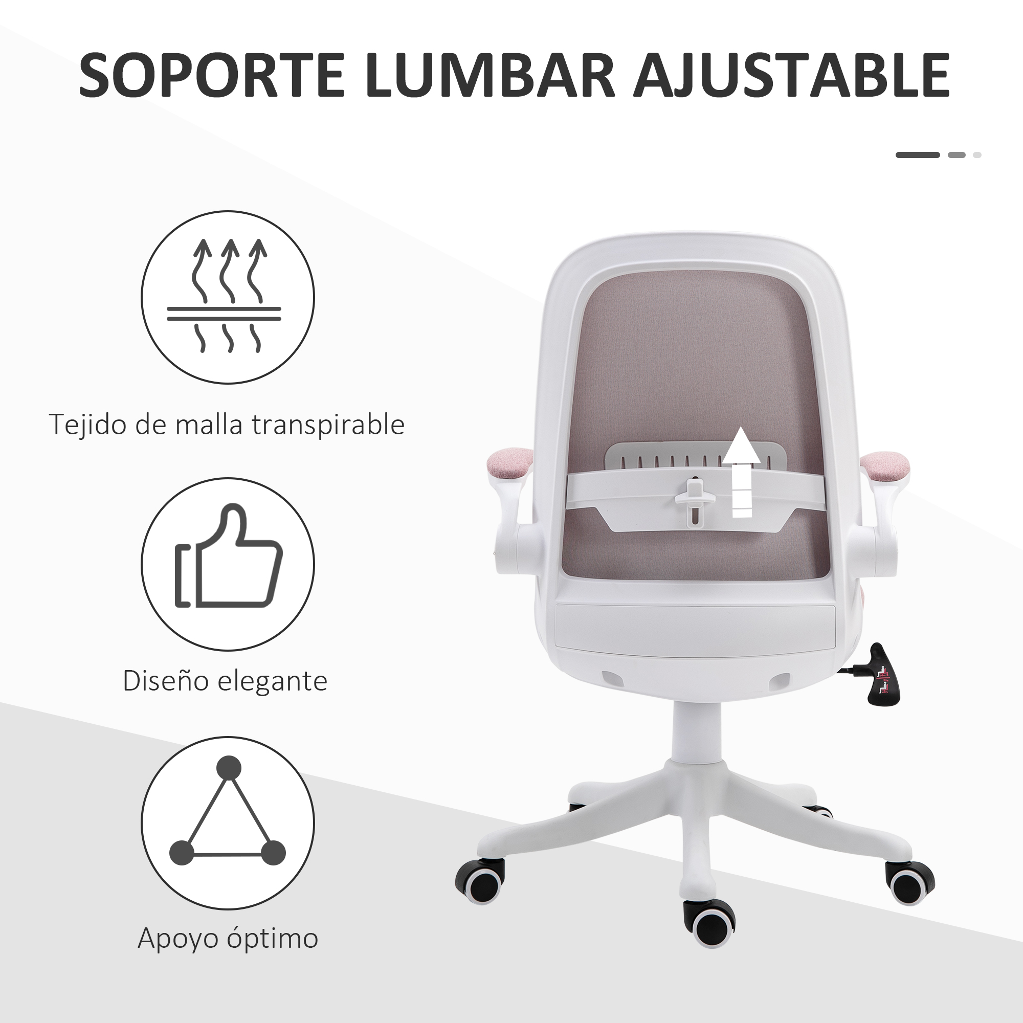 Una silla de oficina blanca con respaldo y reposabrazos rosas, y una base blanca con ruedas negras.
