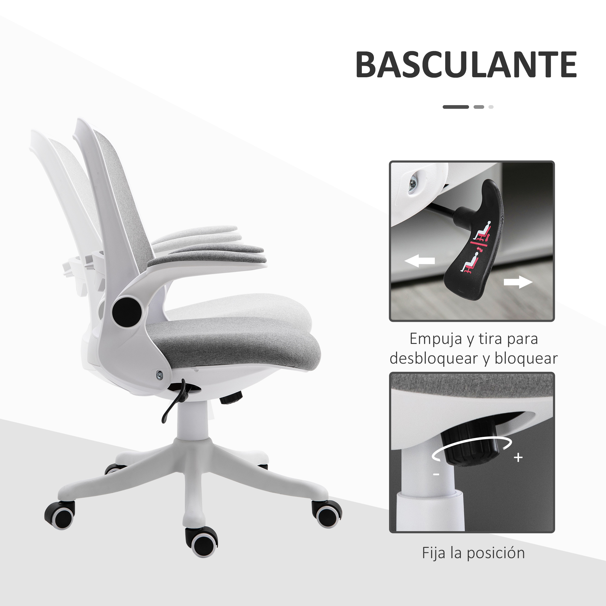 Silla de oficina blanca con asiento y respaldo grises, detalles de ajuste de inclinación y fondo blanco.
