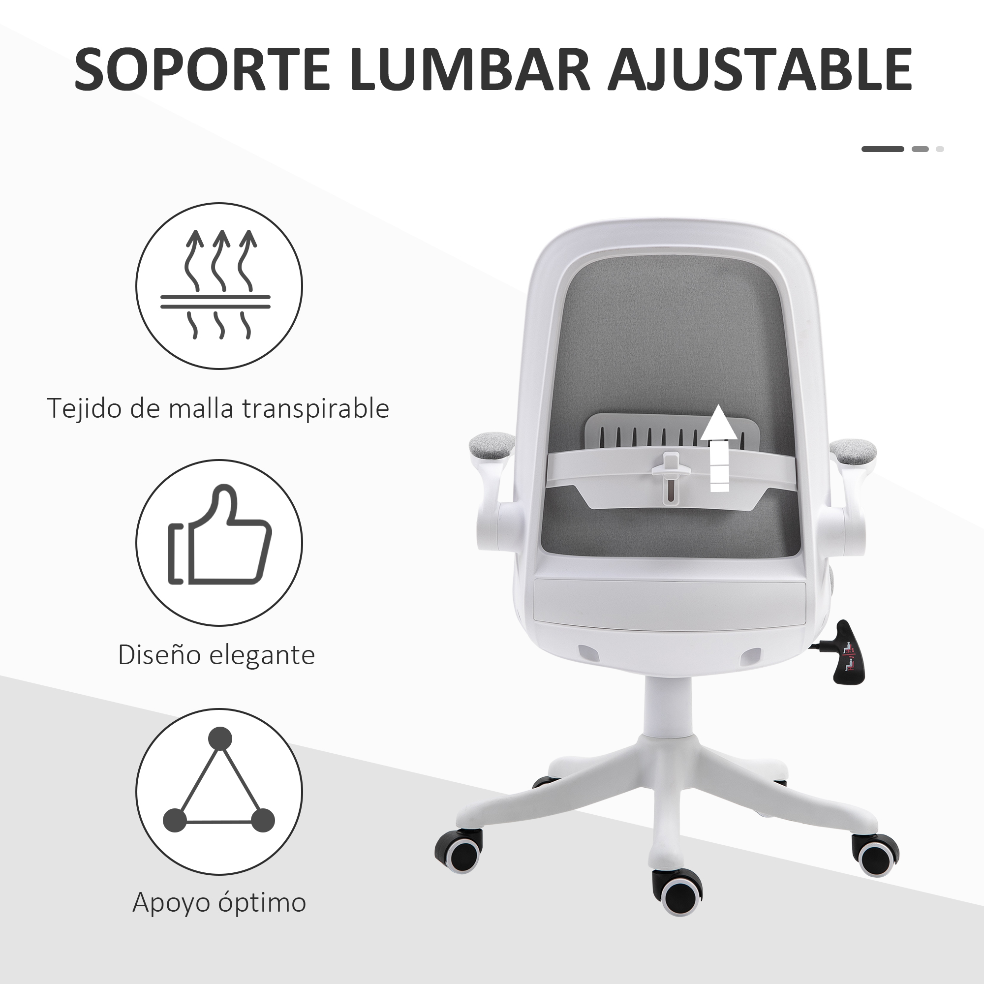 Silla de oficina blanca con soporte lumbar ajustable. Diagramas y texto explican.