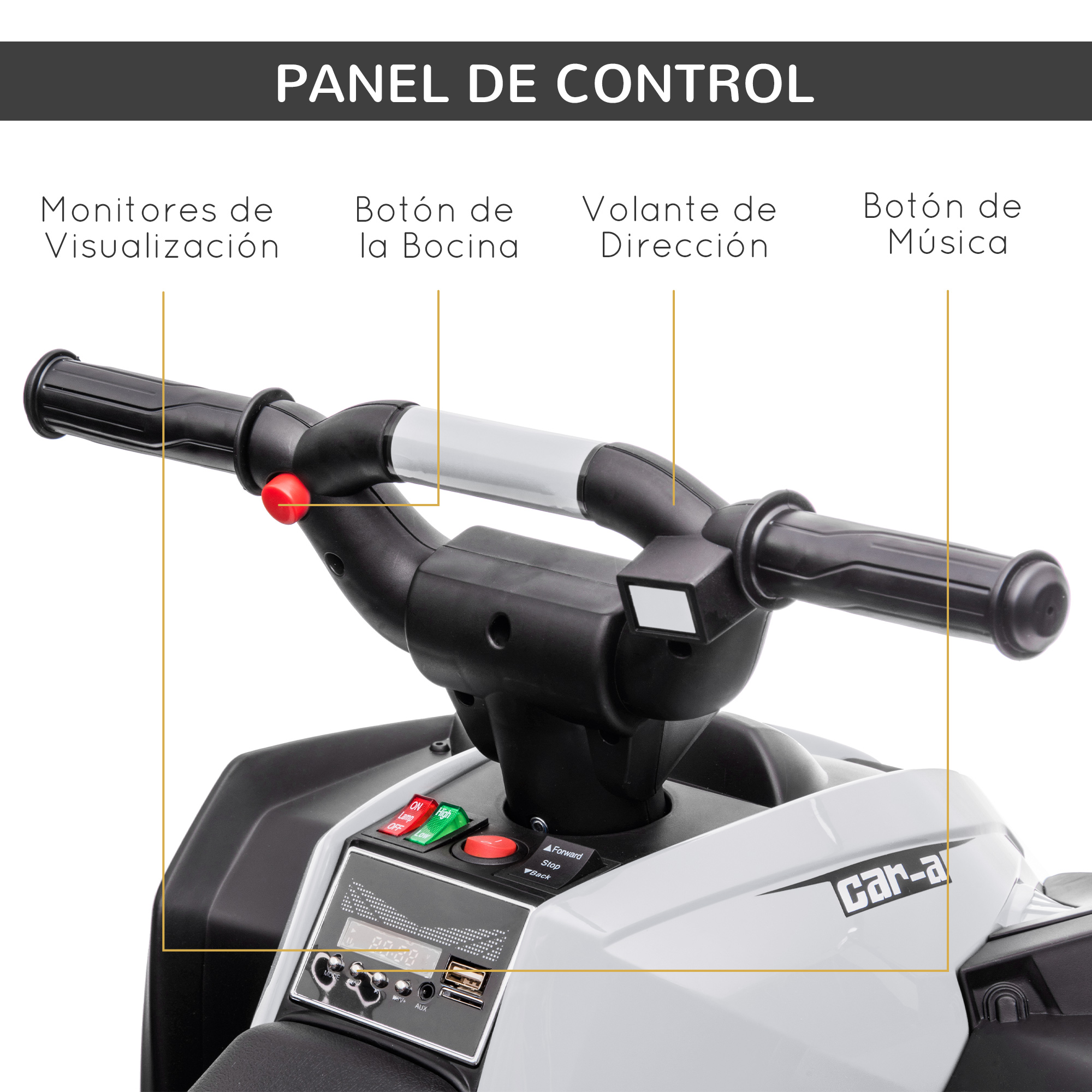 Panel de control de un coche de juguete con controles: pantalla, bocina, volante, botón de música.
