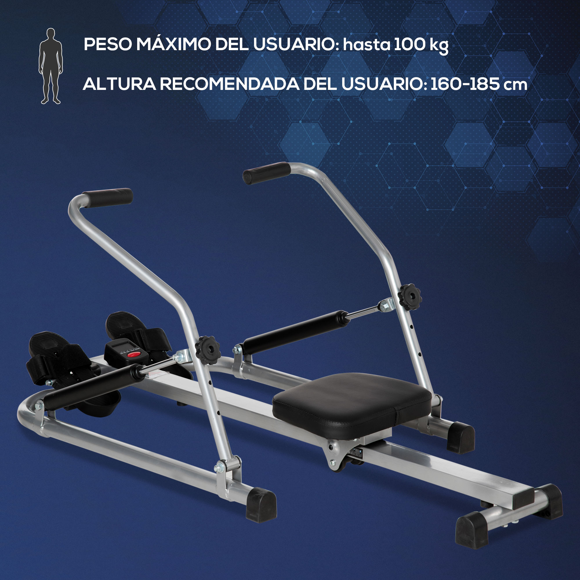 Máquina de remo sobre fondo azul con superposición de texto.