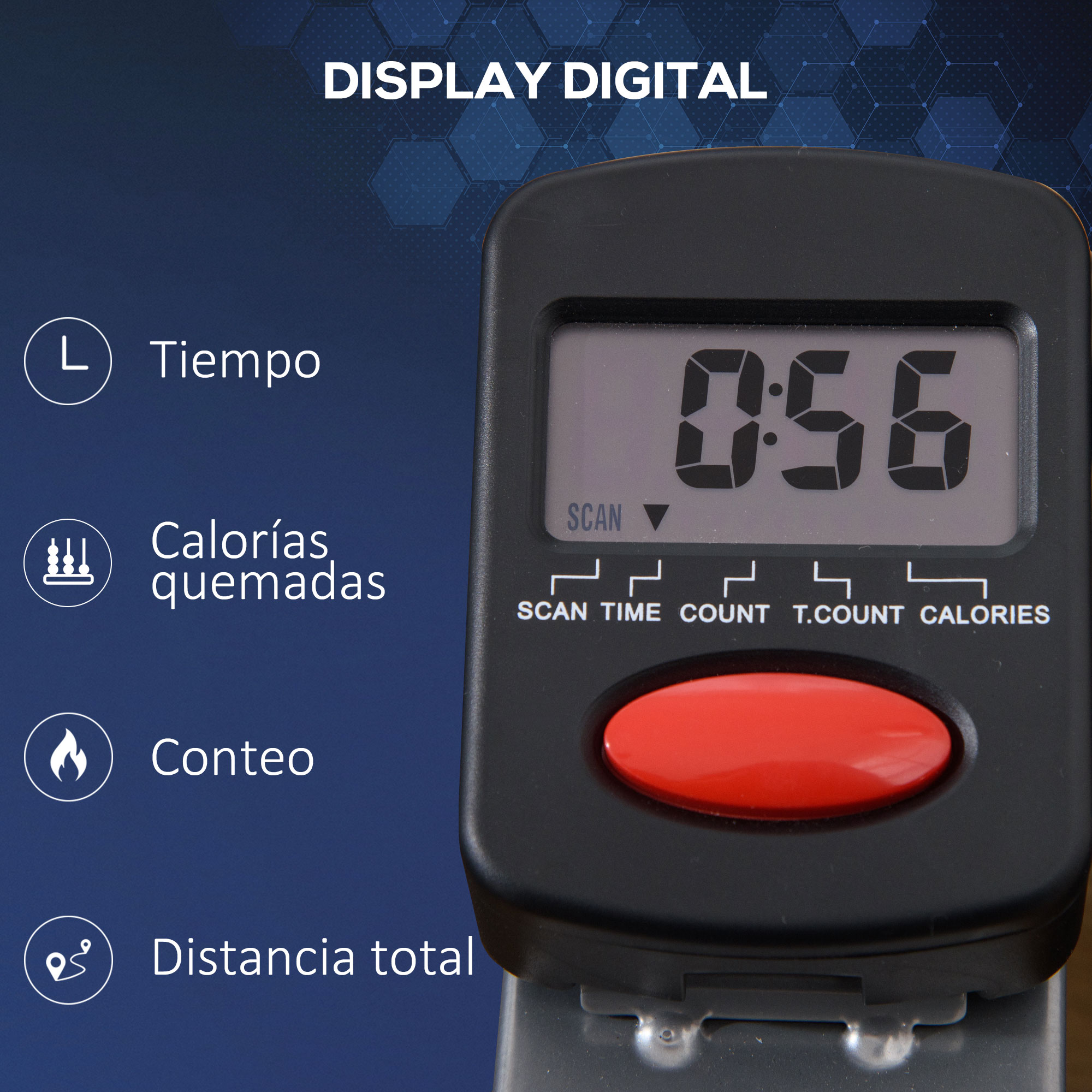 Una pantalla digital muestra el tiempo, las calorías quemadas, el conteo y la distancia total. El fondo es negro.