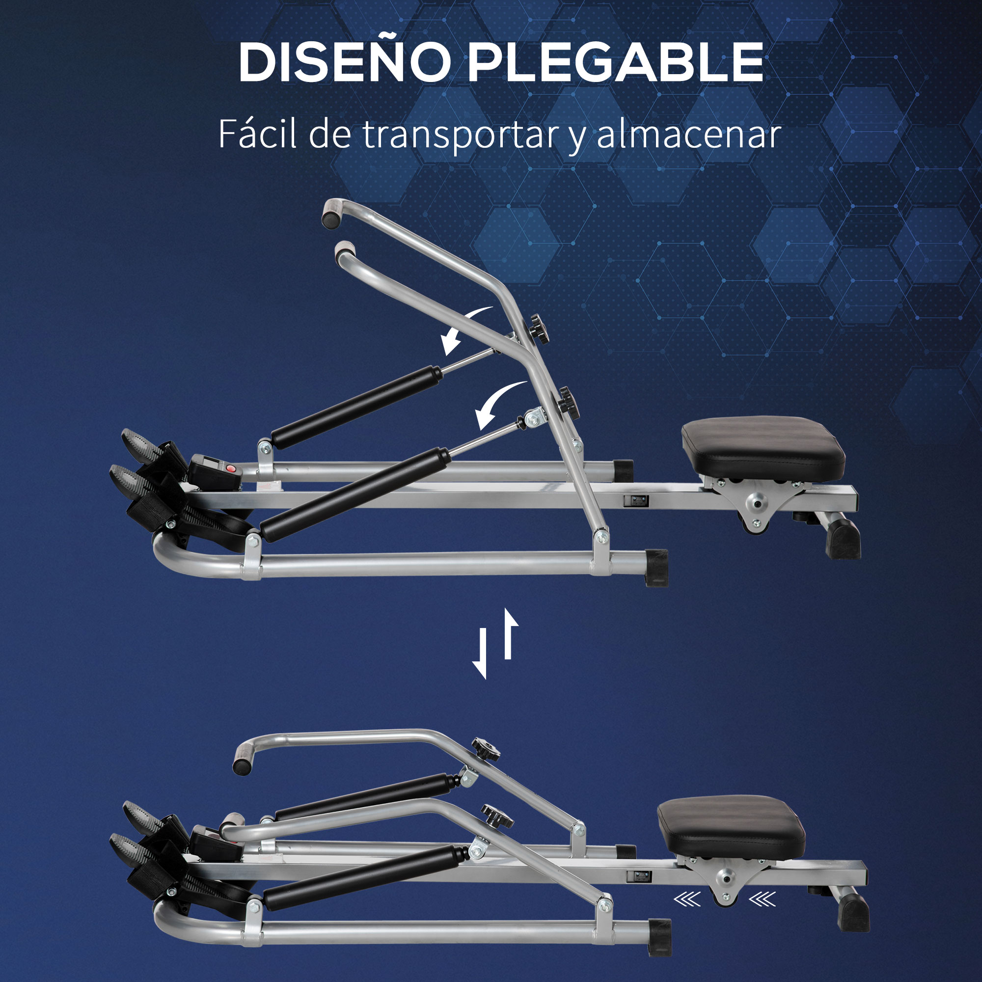 Máquina de remo, plegada y desplegada. Flechas indican plegado. Texto: 'Diseño Plegable' (Diseño Plegable).