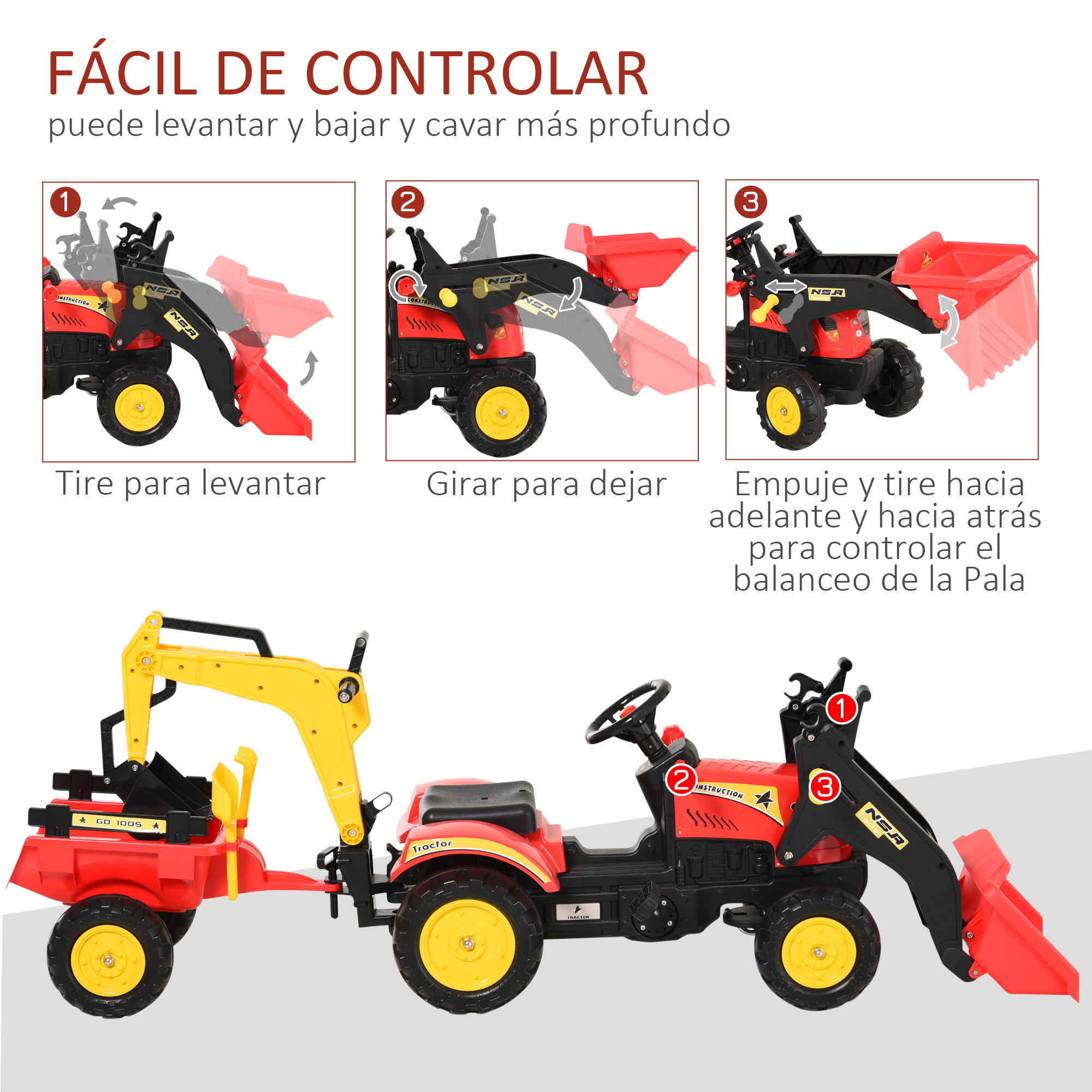 Vehículo de construcción de juguete con instrucciones de elevación, giro y empuje.
