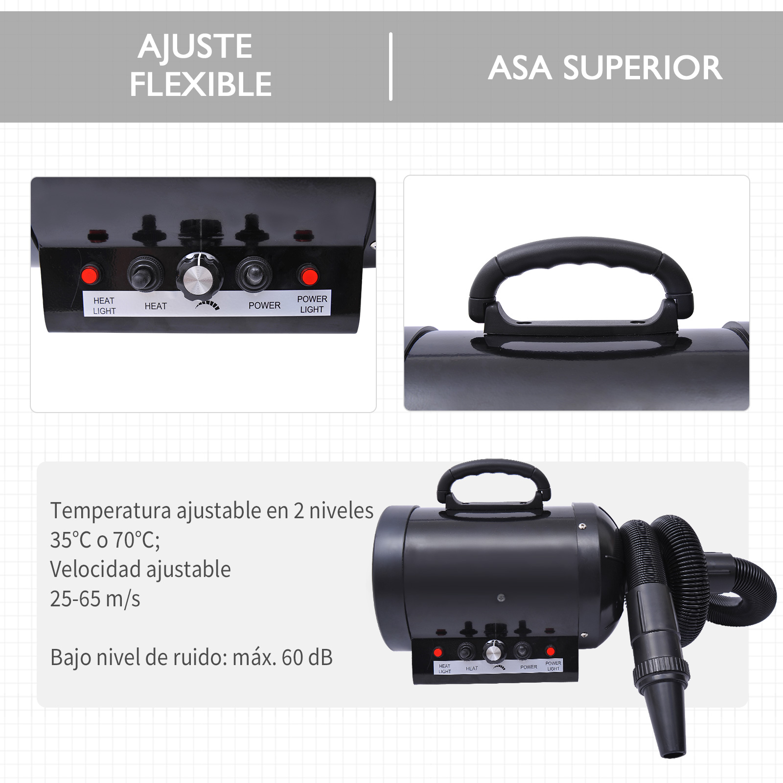 Primer plano de un secador de pelo negro con diales de control y un asa superior. Texto describe ajustes.