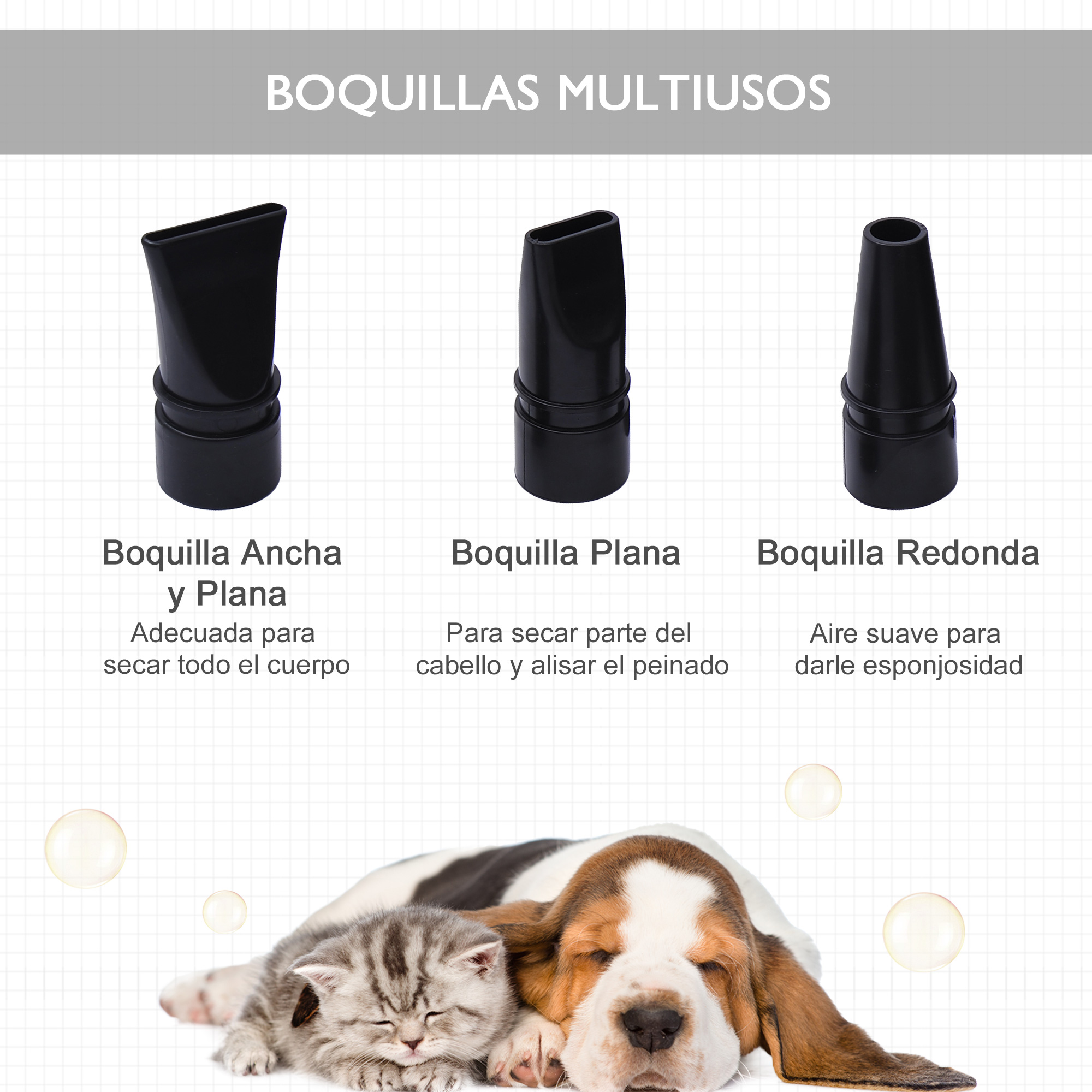 Tres accesorios negros para secador de pelo. Boquillas anchas, planas y redondas con gato y perro delante.