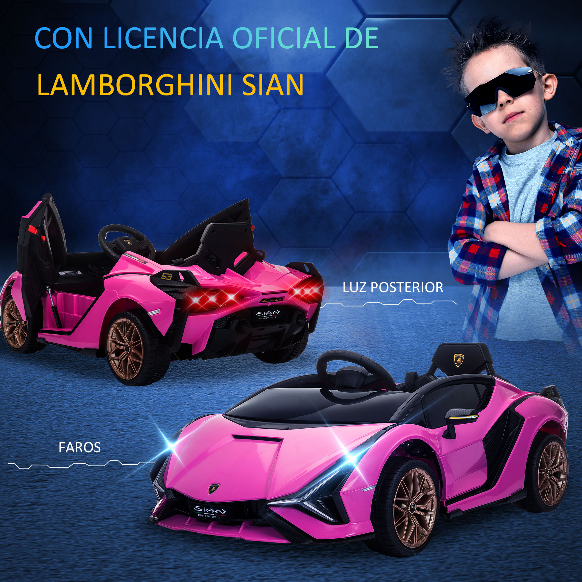 Dos coches de juguete Lamborghini Sian rosas con un niño con gafas de sol. Coches con luces y logo.