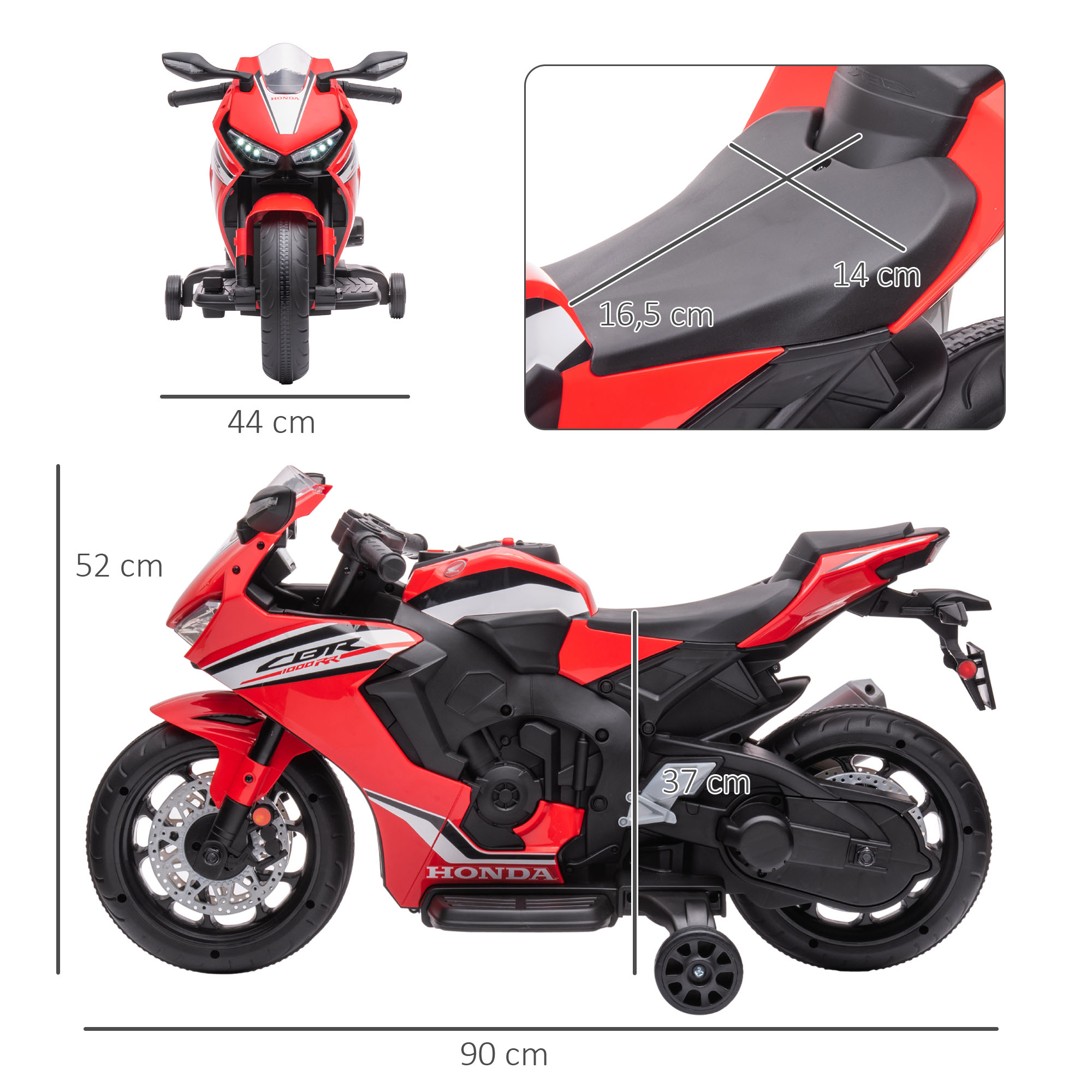 Una moto de juguete roja con medidas en centímetros, con vistas frontal, superior y lateral.