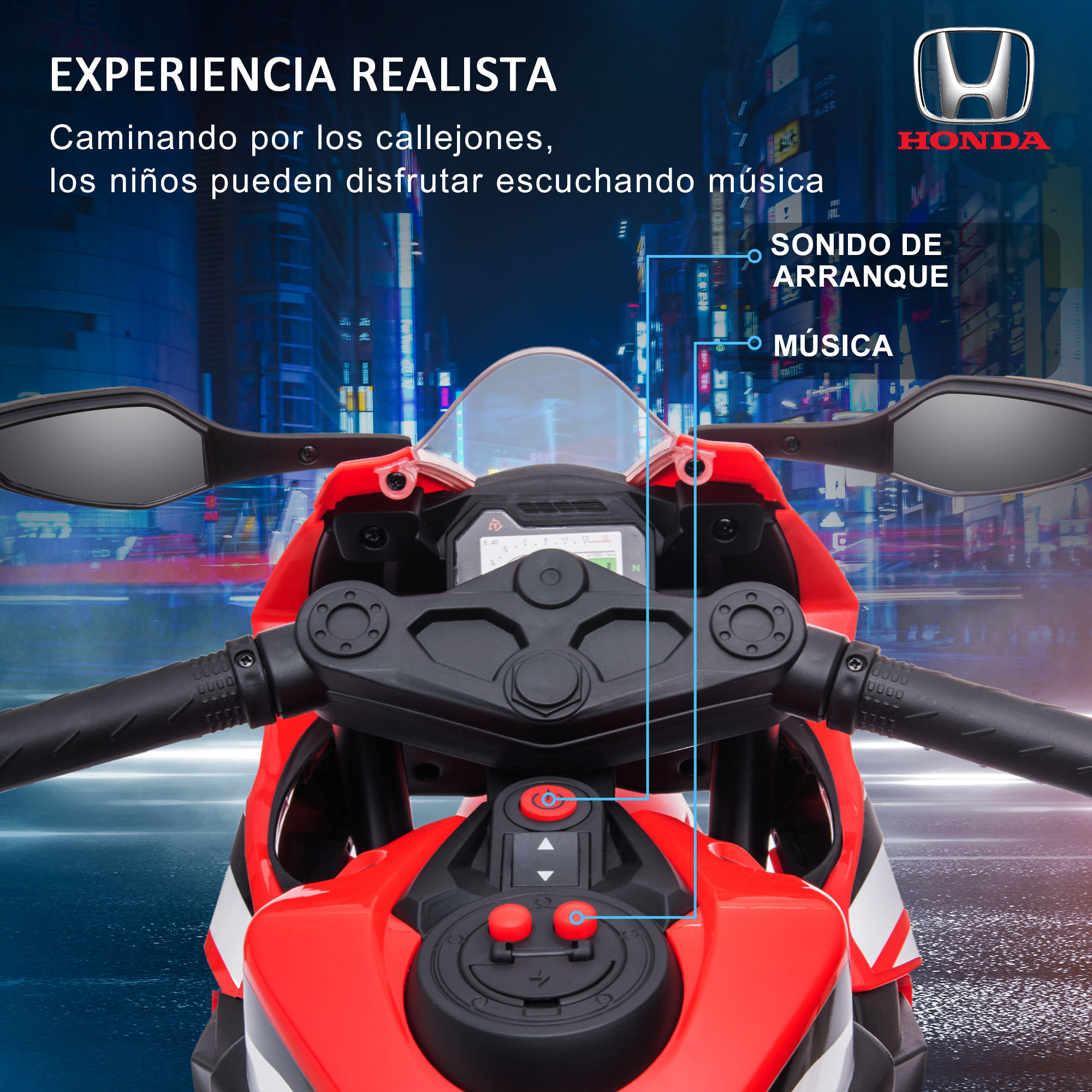 Moto de juguete roja con pantalla, manillar y botones sobre fondo urbano borroso, logo Honda.