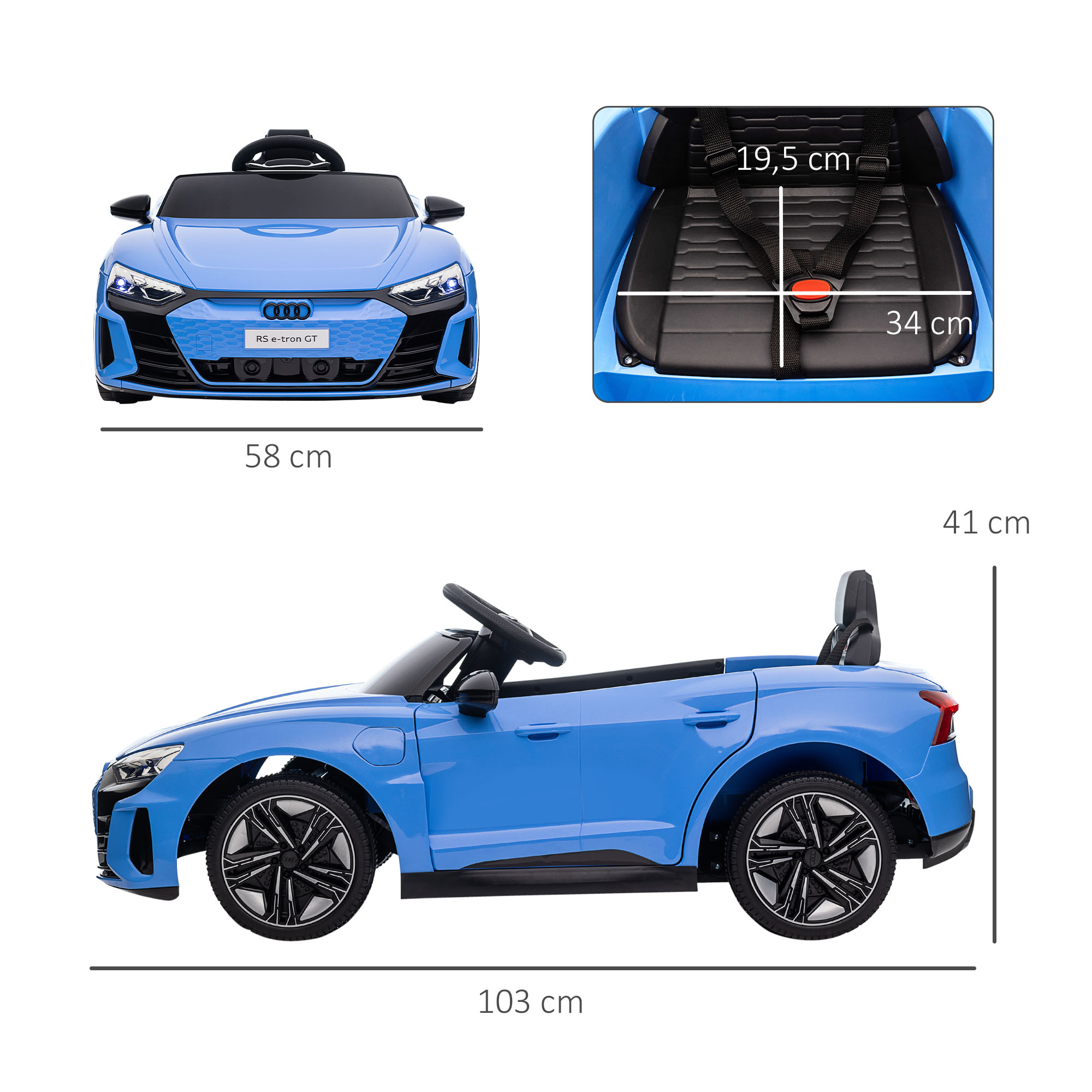 Coche de juguete azul con dimensiones. Vista interior del asiento.