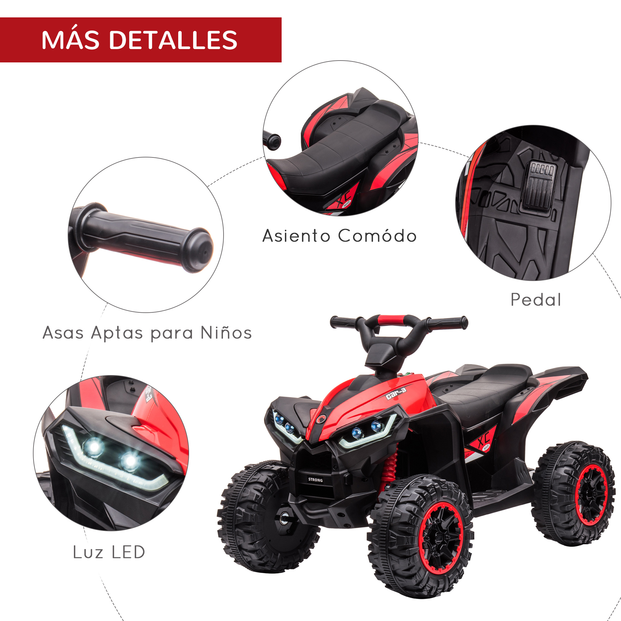ATV rojo y negro para montar con detalles etiquetados: luces LED, asiento cómodo, pedal y asas aptas para niños.