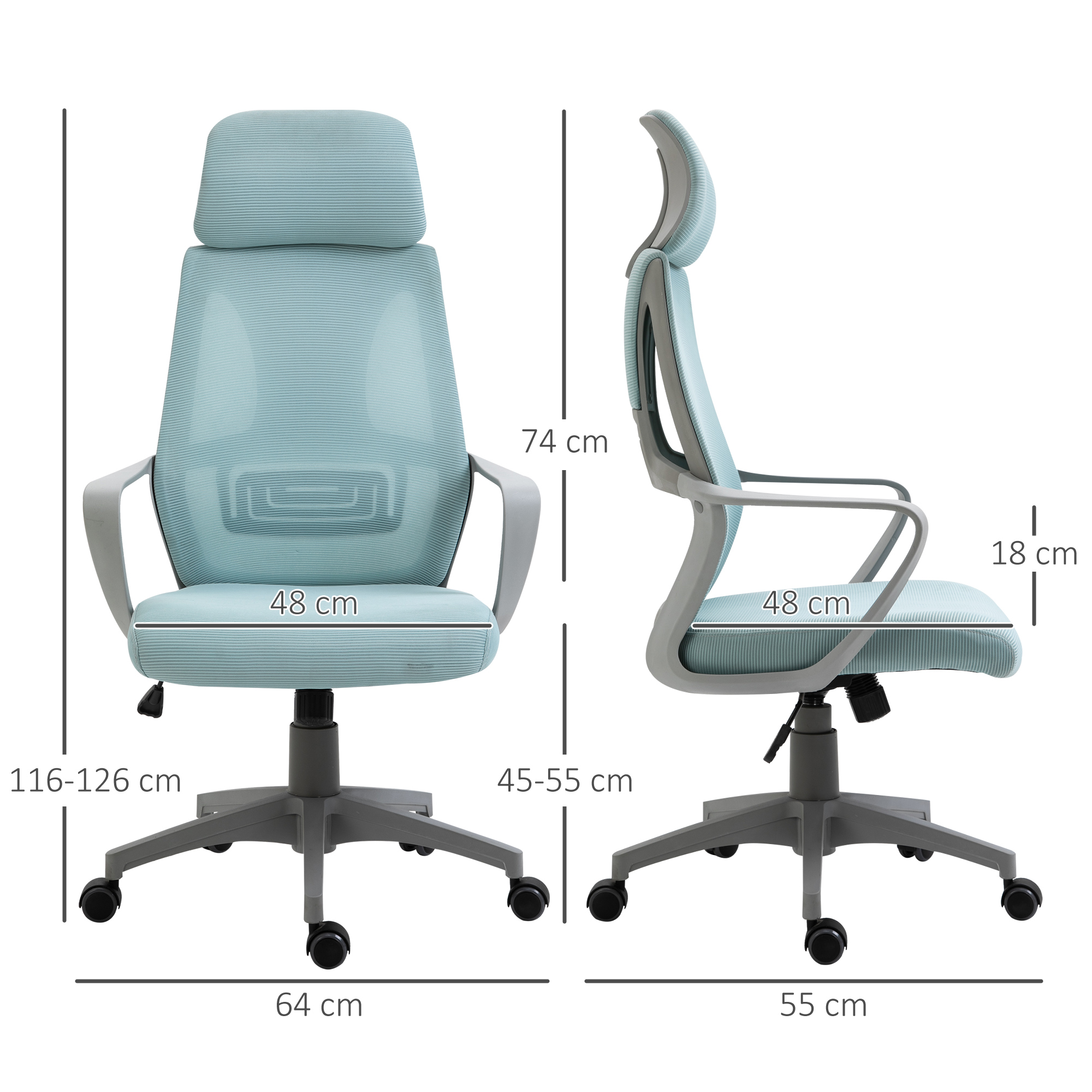 Silla de oficina azul claro y gris, dimensiones: asiento 48cm, respaldo 74cm, altura 116-126cm y ancho 64cm.