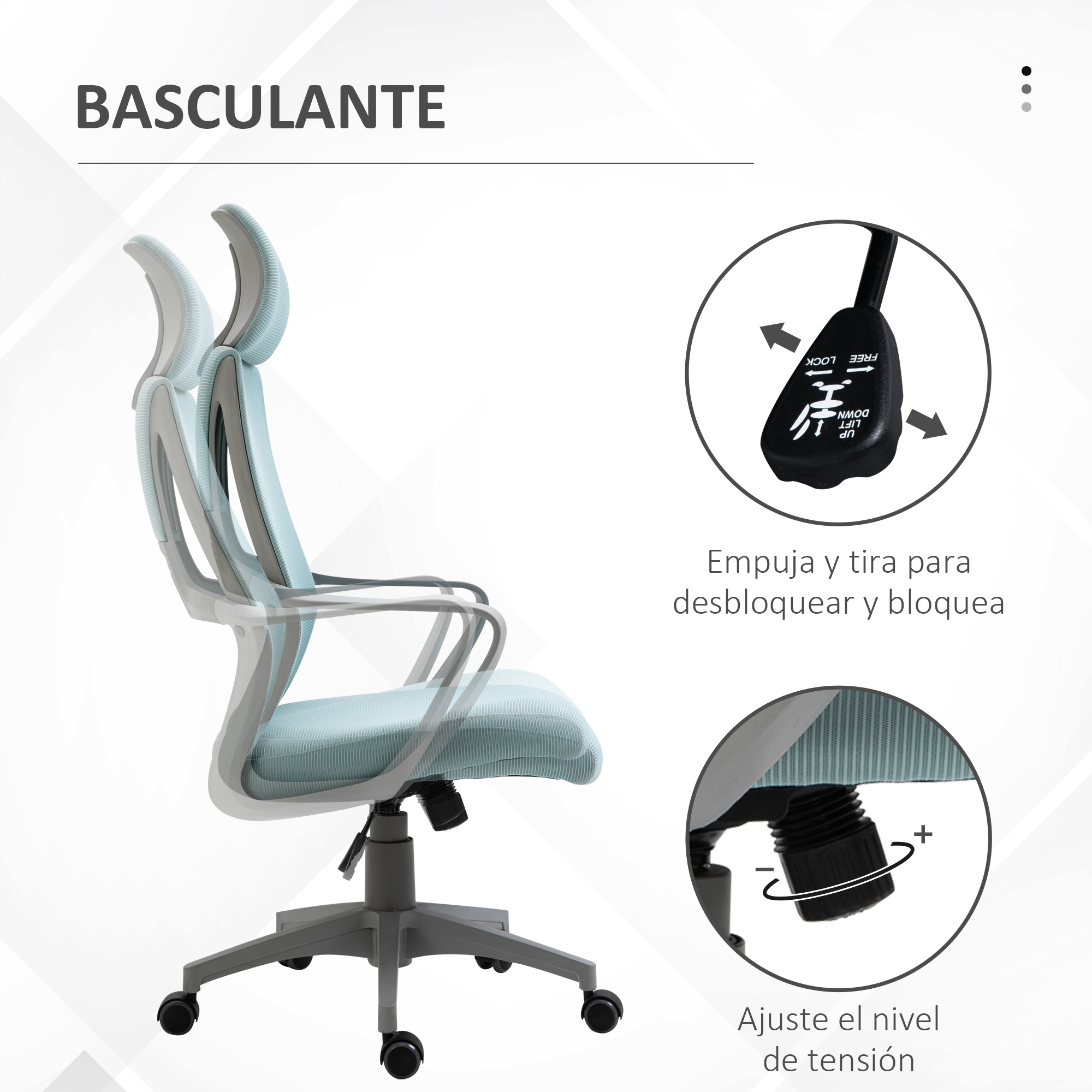 Silla de oficina con un diagrama que muestra los ajustes. Tiene un marco gris y un asiento y respaldo azul claro.