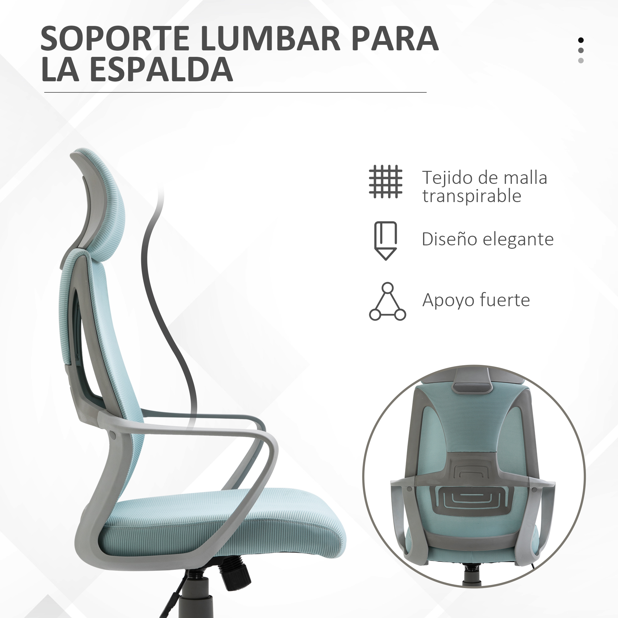 Silla de oficina ergonómica con soporte lumbar, tejido de malla y diseño elegante.