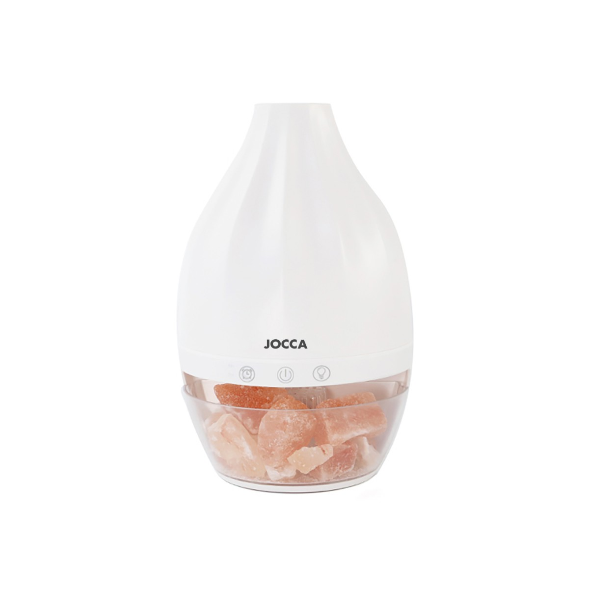Un diffusore di oli essenziali bianco con pezzi di sale rosa dell'Himalaya in una base trasparente.