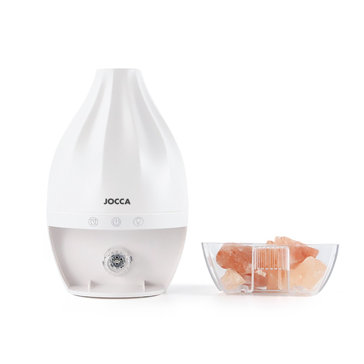 Diffusore di oli essenziali bianco con una ciotola di vetro di cristalli di sale rosa.