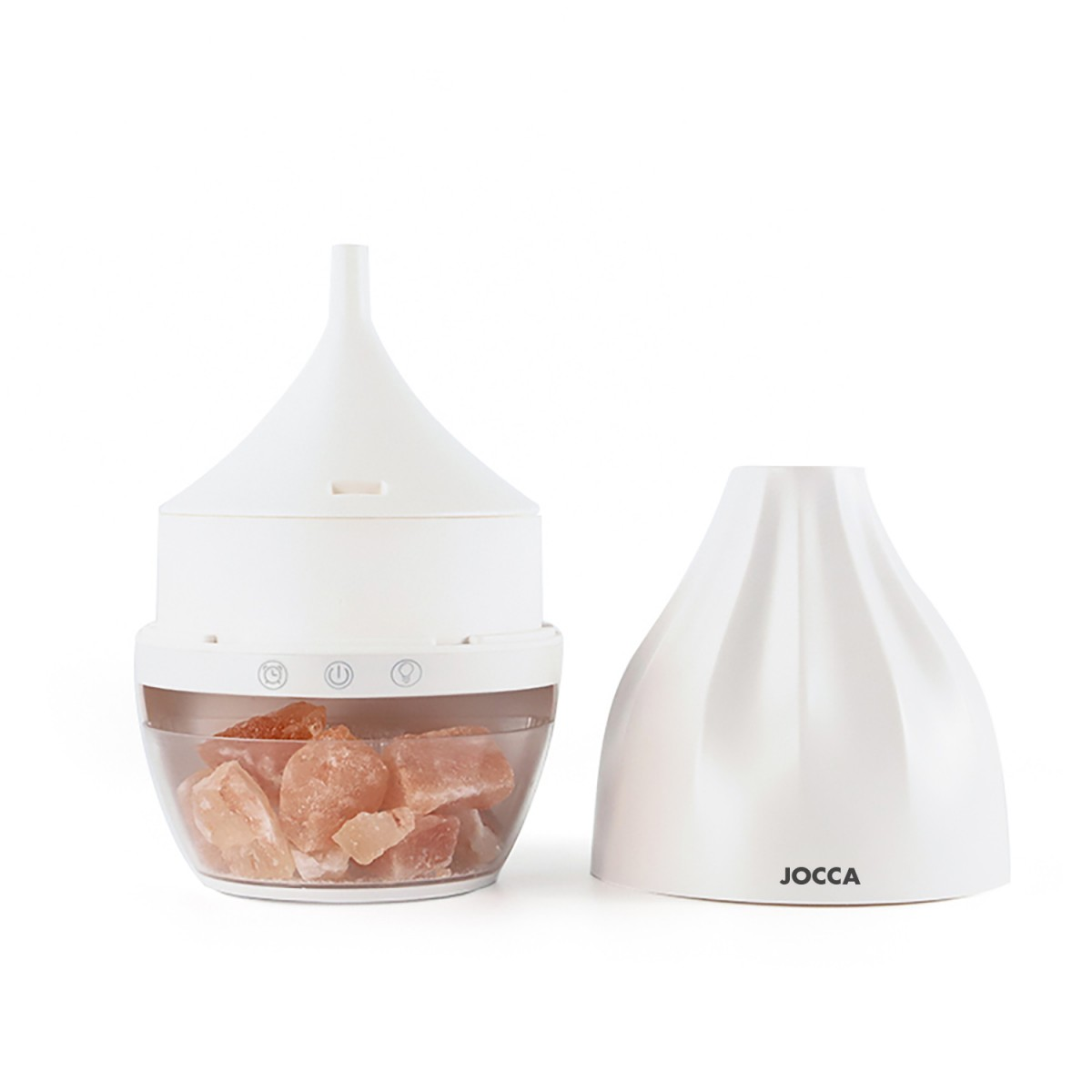 Diffusore di aromi bianco con rocce di sale rosa su base trasparente, coperchio bianco.