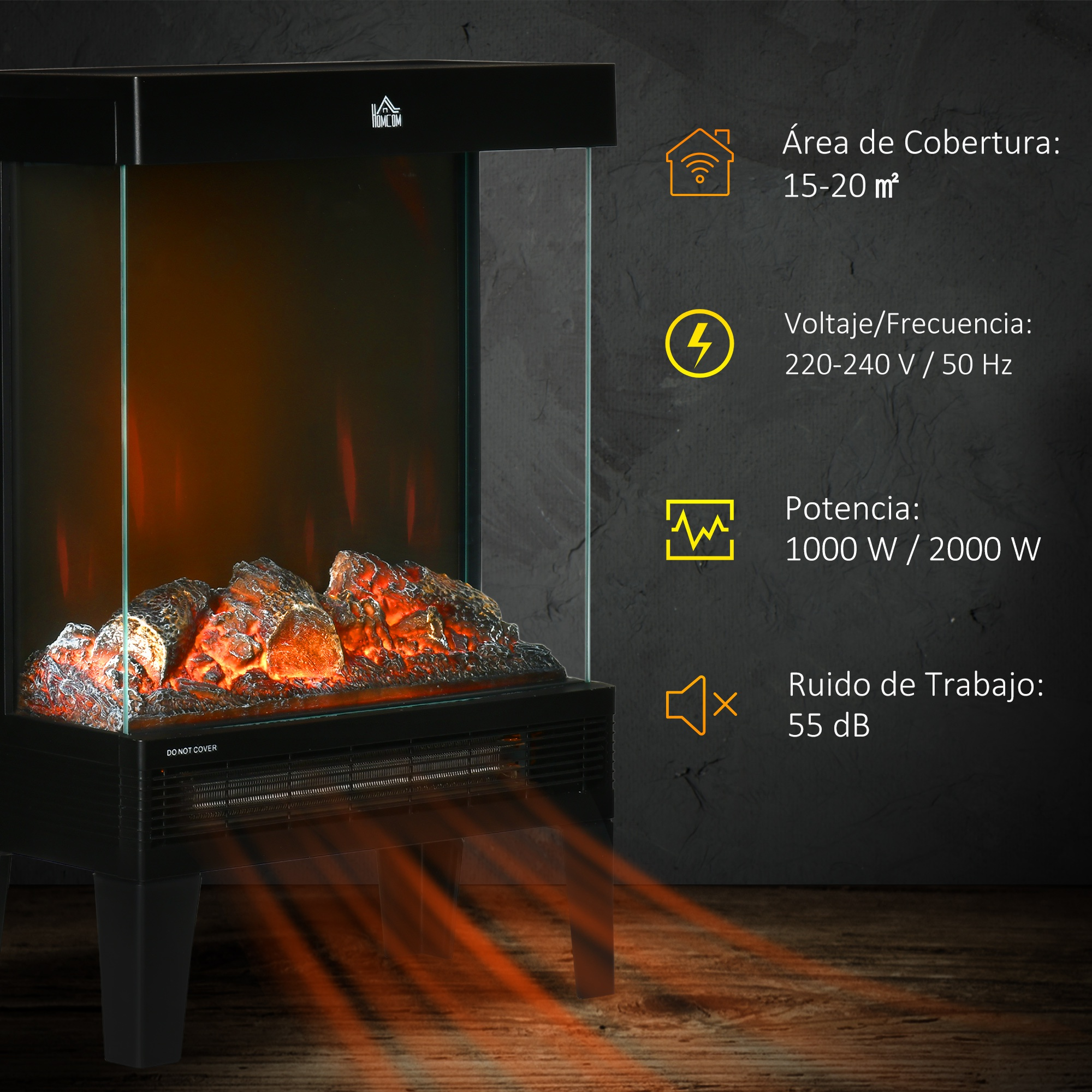 Chimenea negra con interior naranja brillante. El texto muestra el área, el voltaje, la potencia y los niveles de ruido.