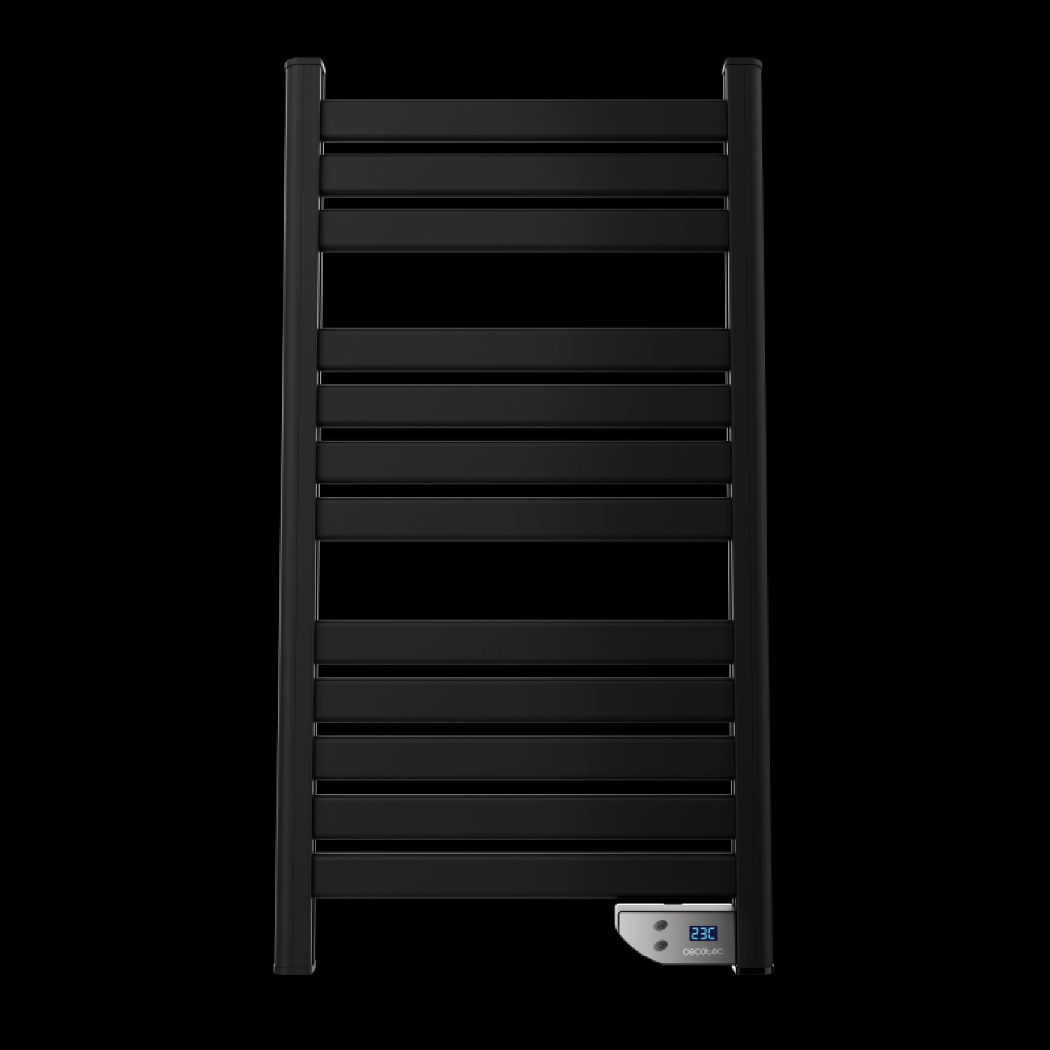 Czarny grzejnik do ręczników z cyfrowym wyświetlaczem i poziomymi prętami.