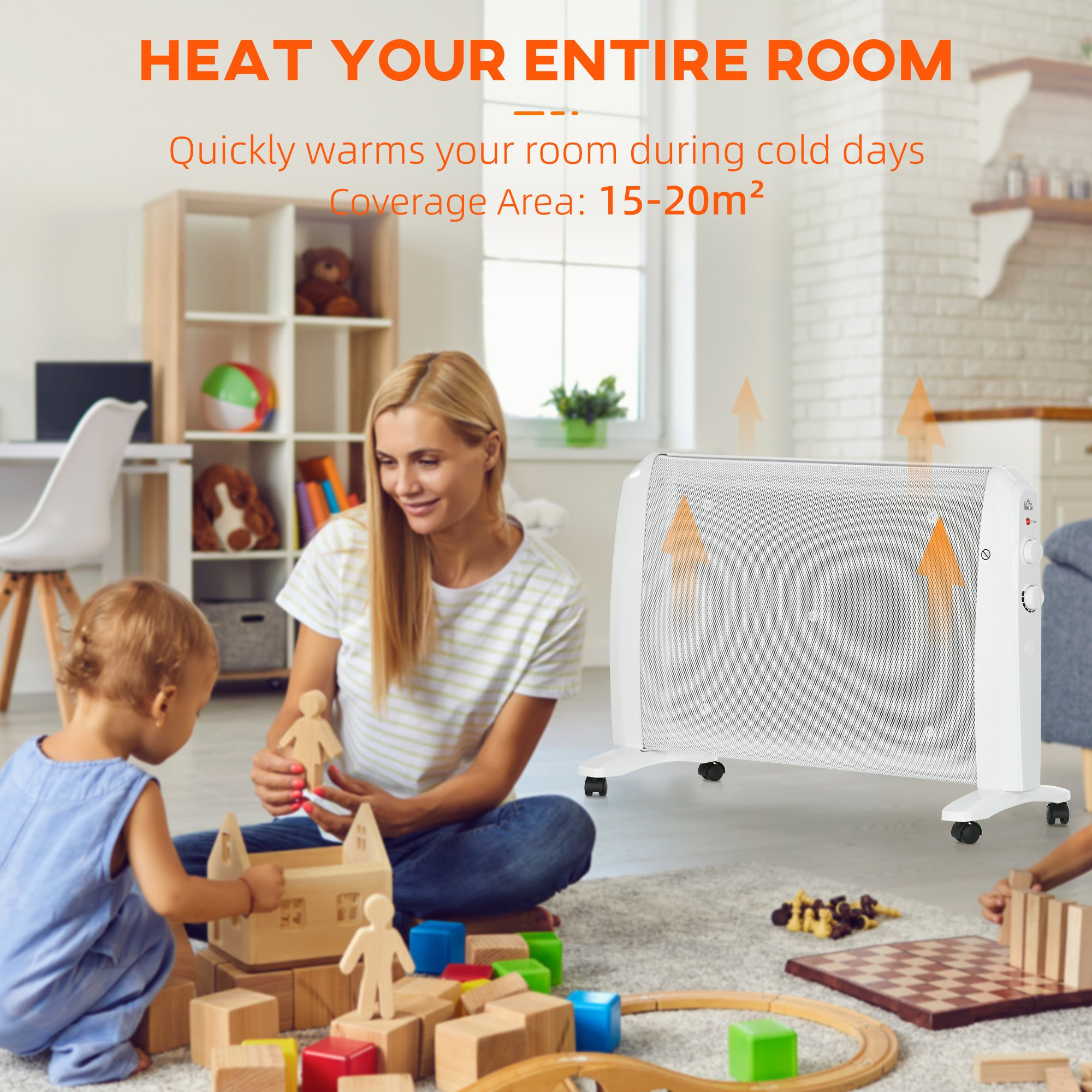 Una mujer y un niño juegan con bloques cerca de un calefactor blanco. La habitación tiene juguetes y una estantería.