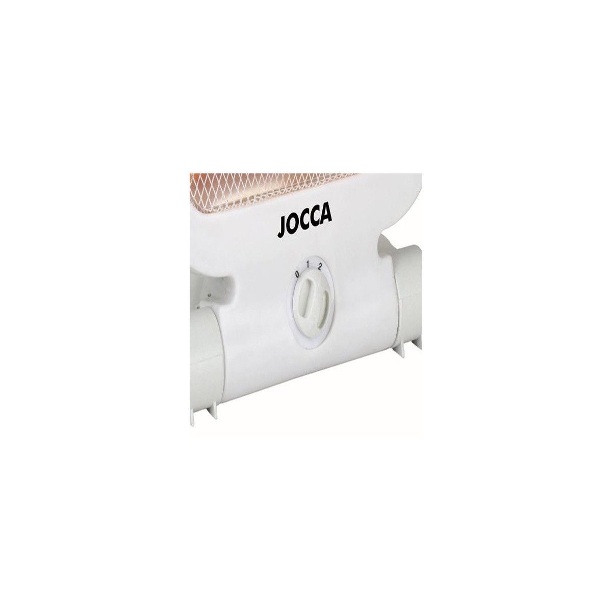 Un ventilatore bianco con una manopola, che mostra le impostazioni 0, 1 e 2, e il marchio JOCCA.