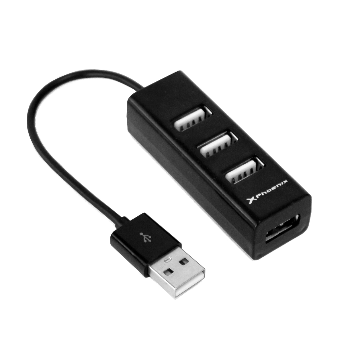 Un concentrador USB negro con tres puertos USB y un cable USB conectado.