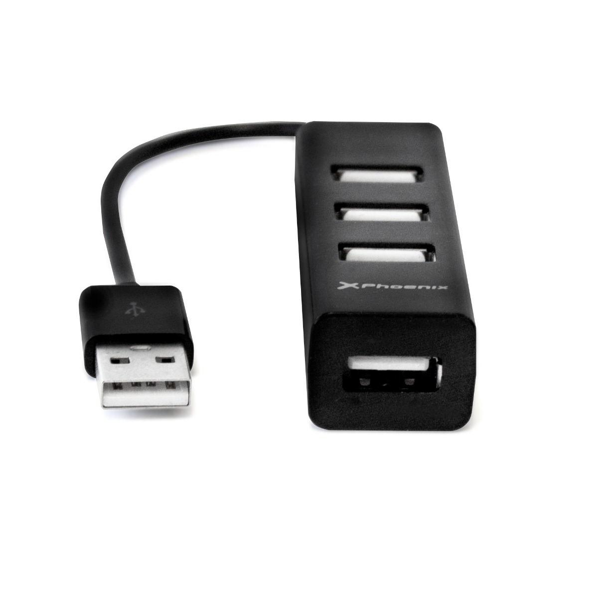 Concentrador USB negro con cuatro puertos. Tiene un conector USB y cuatro puertos USB.