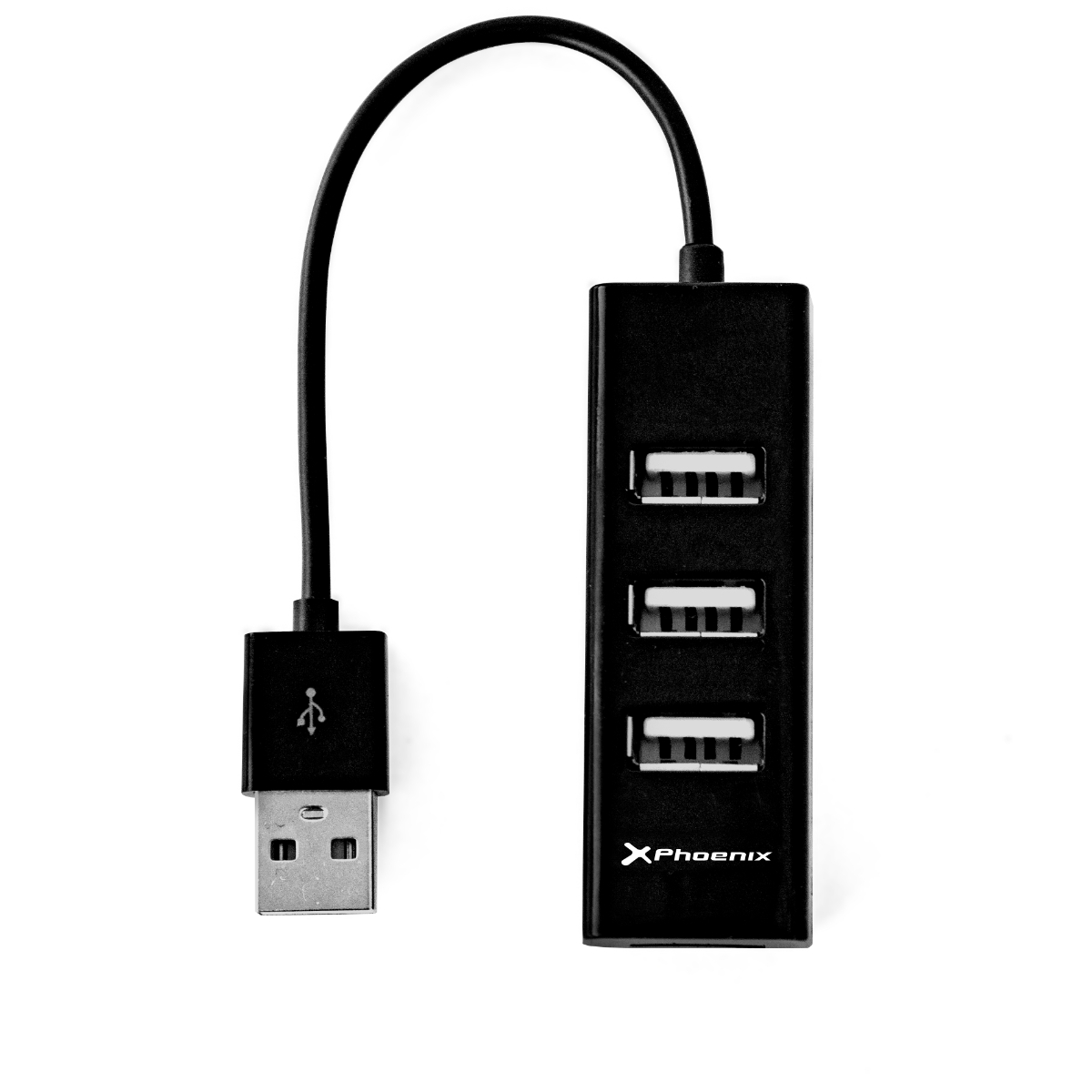 Concentrador USB negro con cable y conector USB. Fondo blanco.