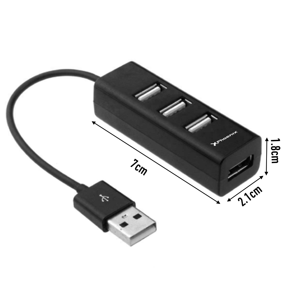 Hub USB negro con 3 puertos y conector USB, con dimensiones visibles. 'XPhenix' escrito.