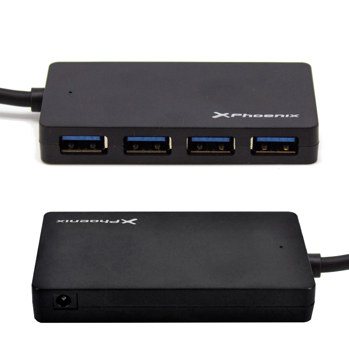 Concentrador USB negro con cuatro puertos USB y una segunda imagen mostrando la parte trasera.
