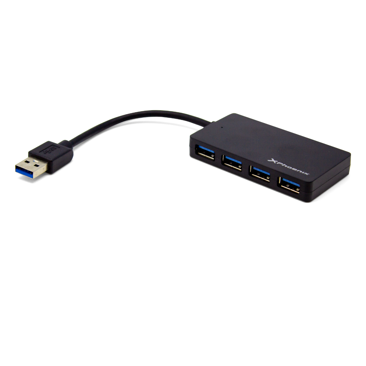 Concentrador USB negro con cuatro puertos y un cable USB sobre fondo blanco.