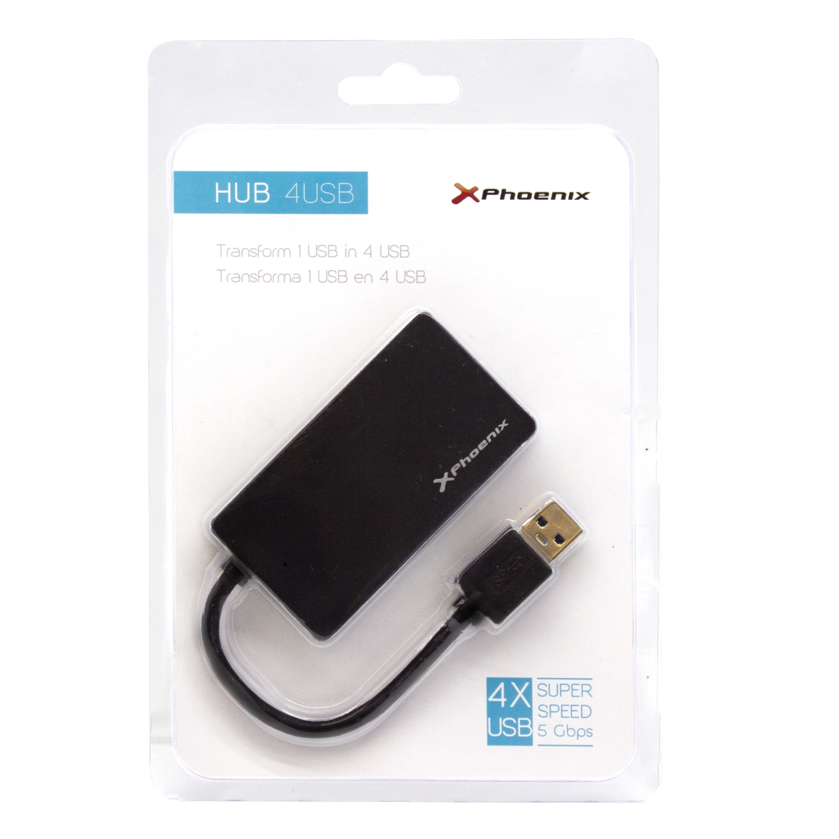 Concentrador USB 4 negro en un paquete de plástico transparente con cable USB y marca Phoenix.