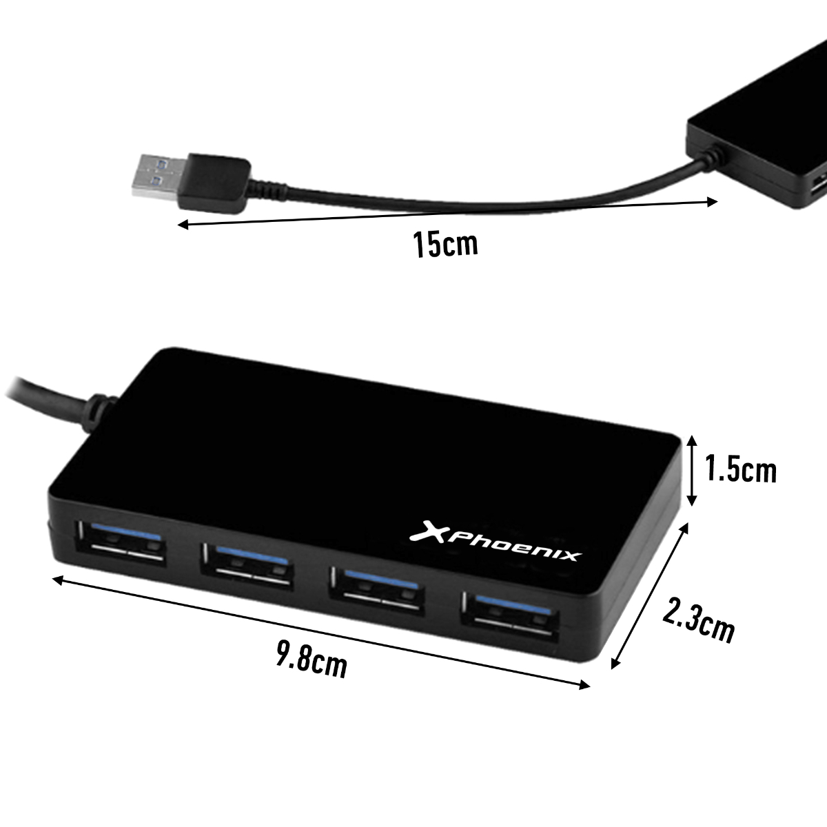 Concentrador USB negro con cuatro puertos, un cable y dimensiones etiquetadas en centímetros.